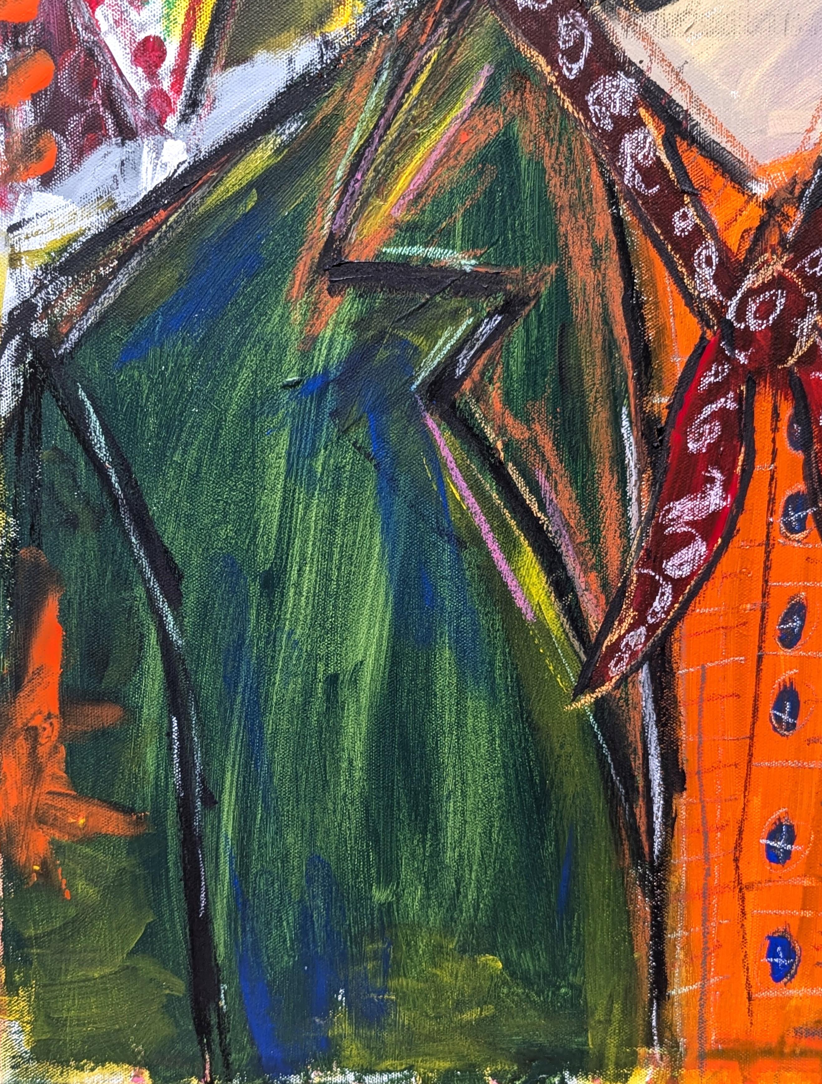 Pittura contemporanea colorata rossa, gialla, verde e arancione di un cowboy astratto in vendita 1