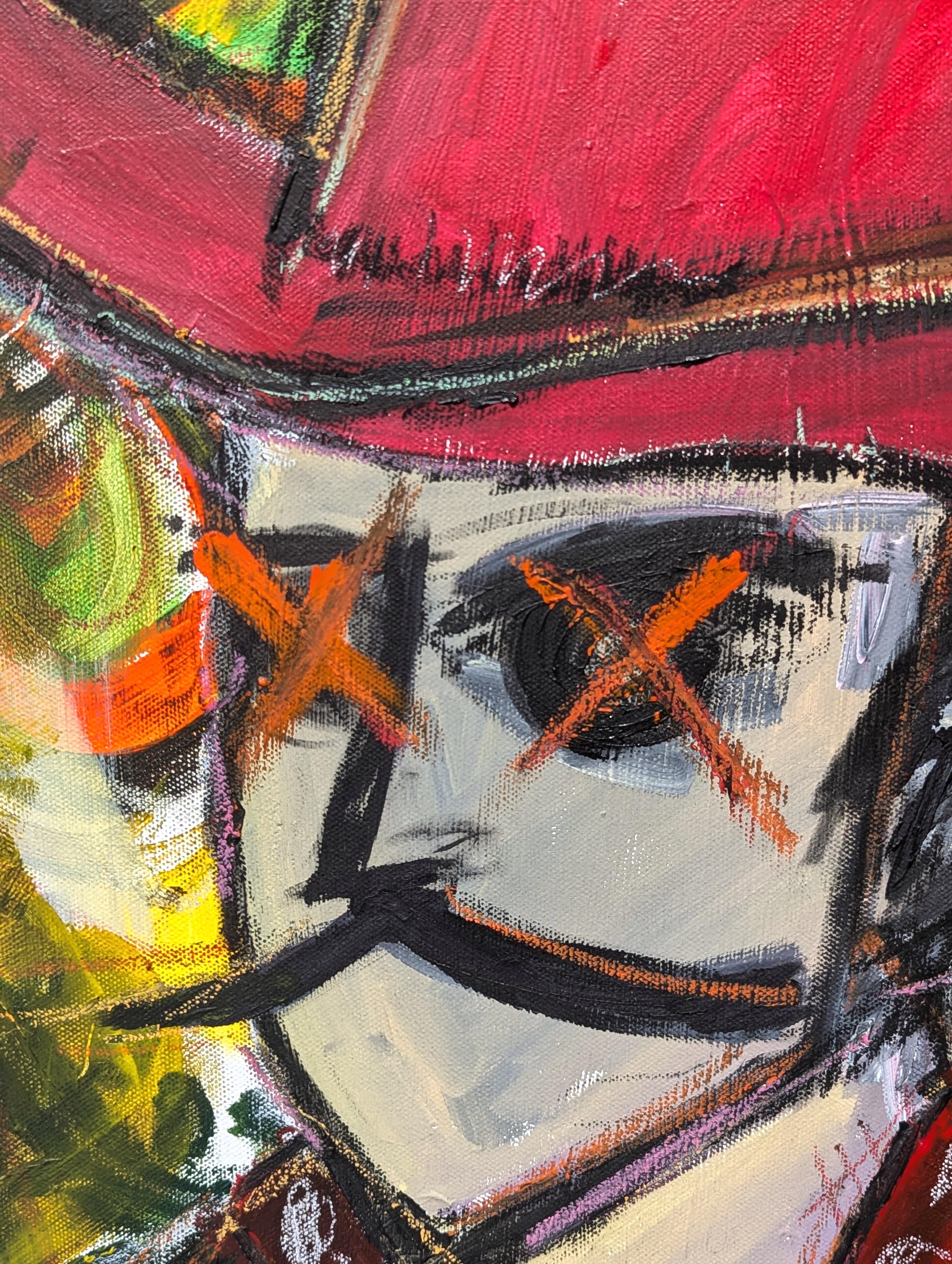 Pittura contemporanea colorata rossa, gialla, verde e arancione di un cowboy astratto in vendita 2