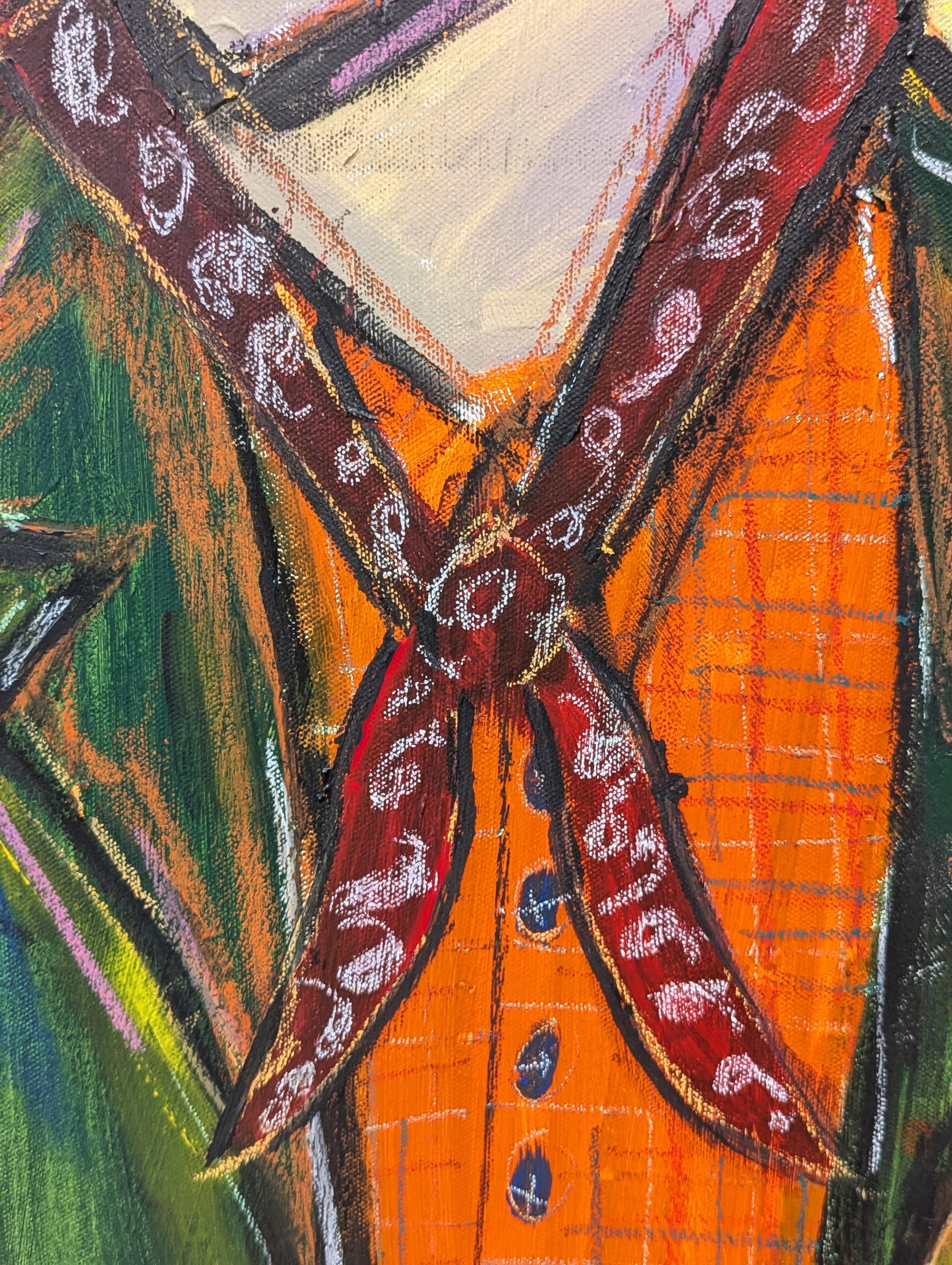 Pittura contemporanea colorata rossa, gialla, verde e arancione di un cowboy astratto in vendita 3