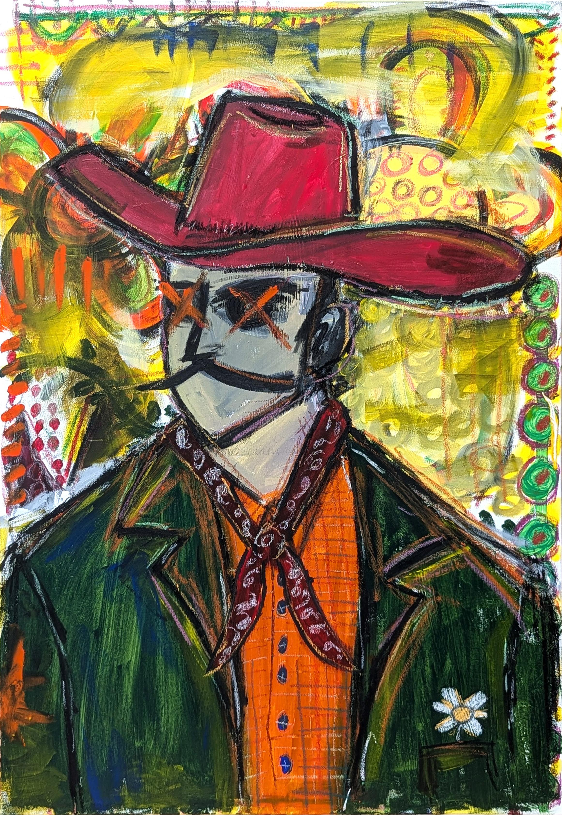 Figurative Painting di Ramon Severino - Pittura contemporanea colorata rossa, gialla, verde e arancione di un cowboy astratto