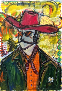 Pittura contemporanea colorata rossa, gialla, verde e arancione di un cowboy astratto