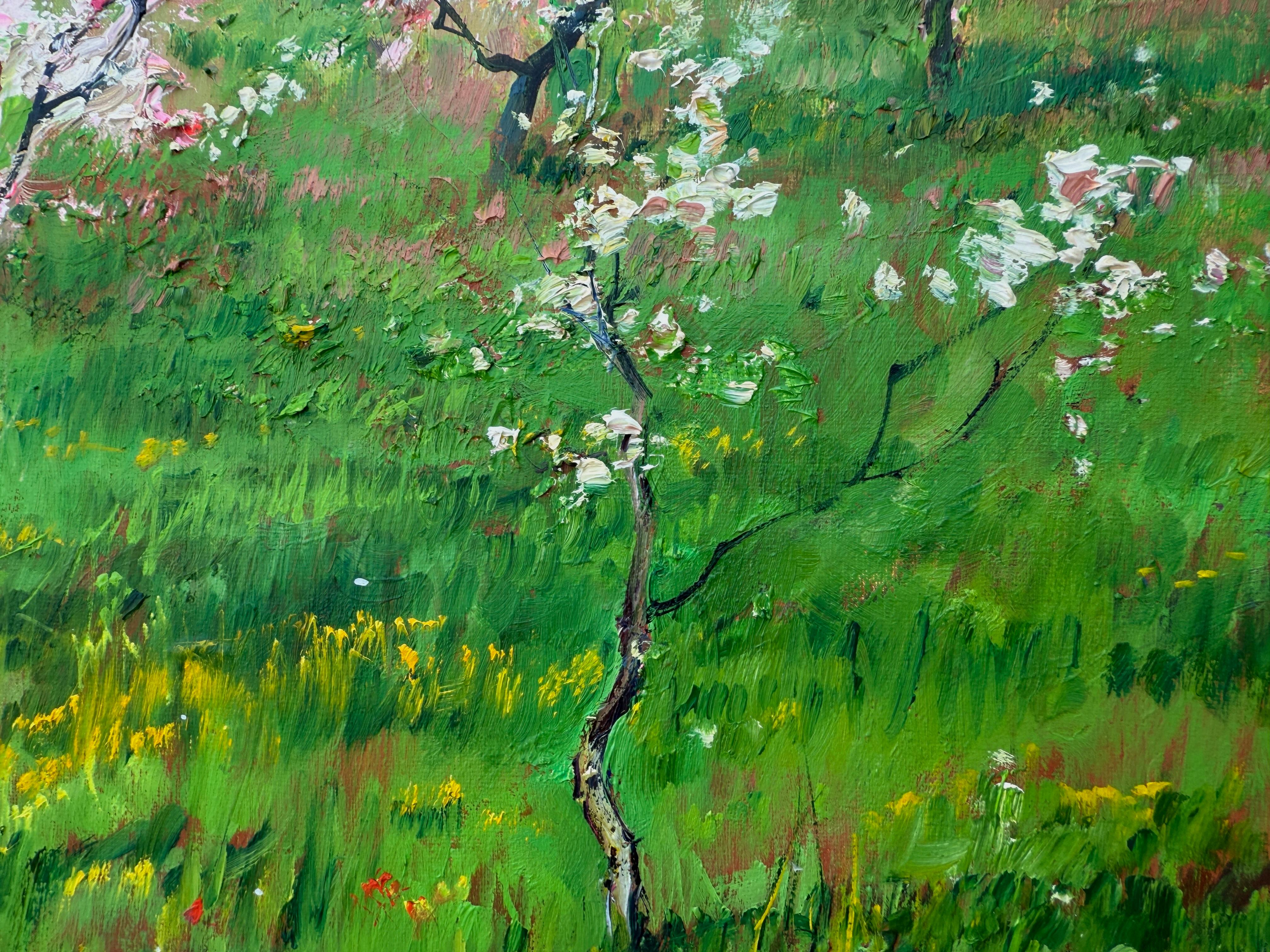 Almond Trees in Bloom oil on canvas painting Spain mediterranean landscape - Gray Landscape Painting by Ramon Vilà Estudis