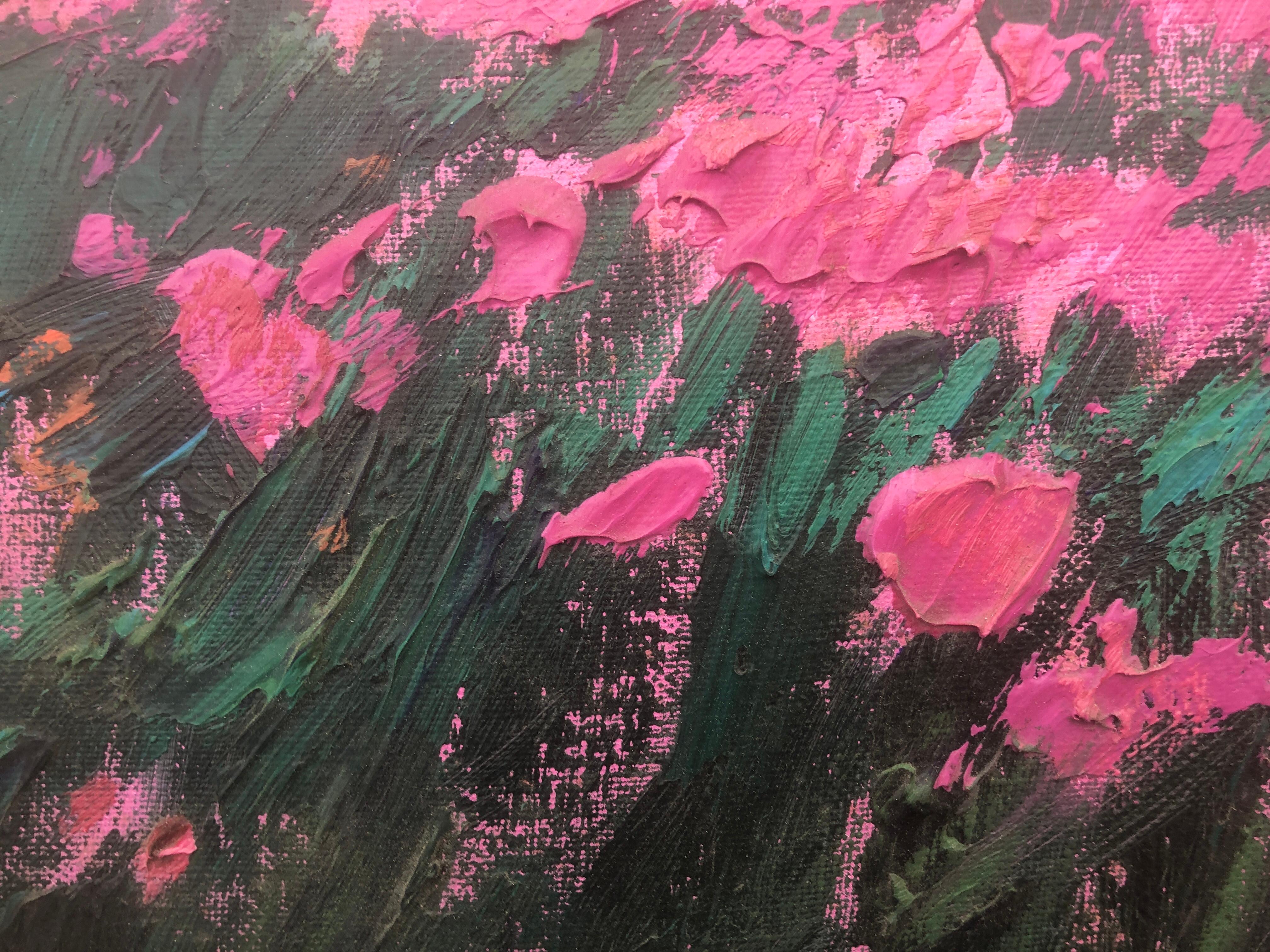 Field of flowers huile sur toile peinture de paysage écossais - Post-impressionnisme Painting par Ramon Vila