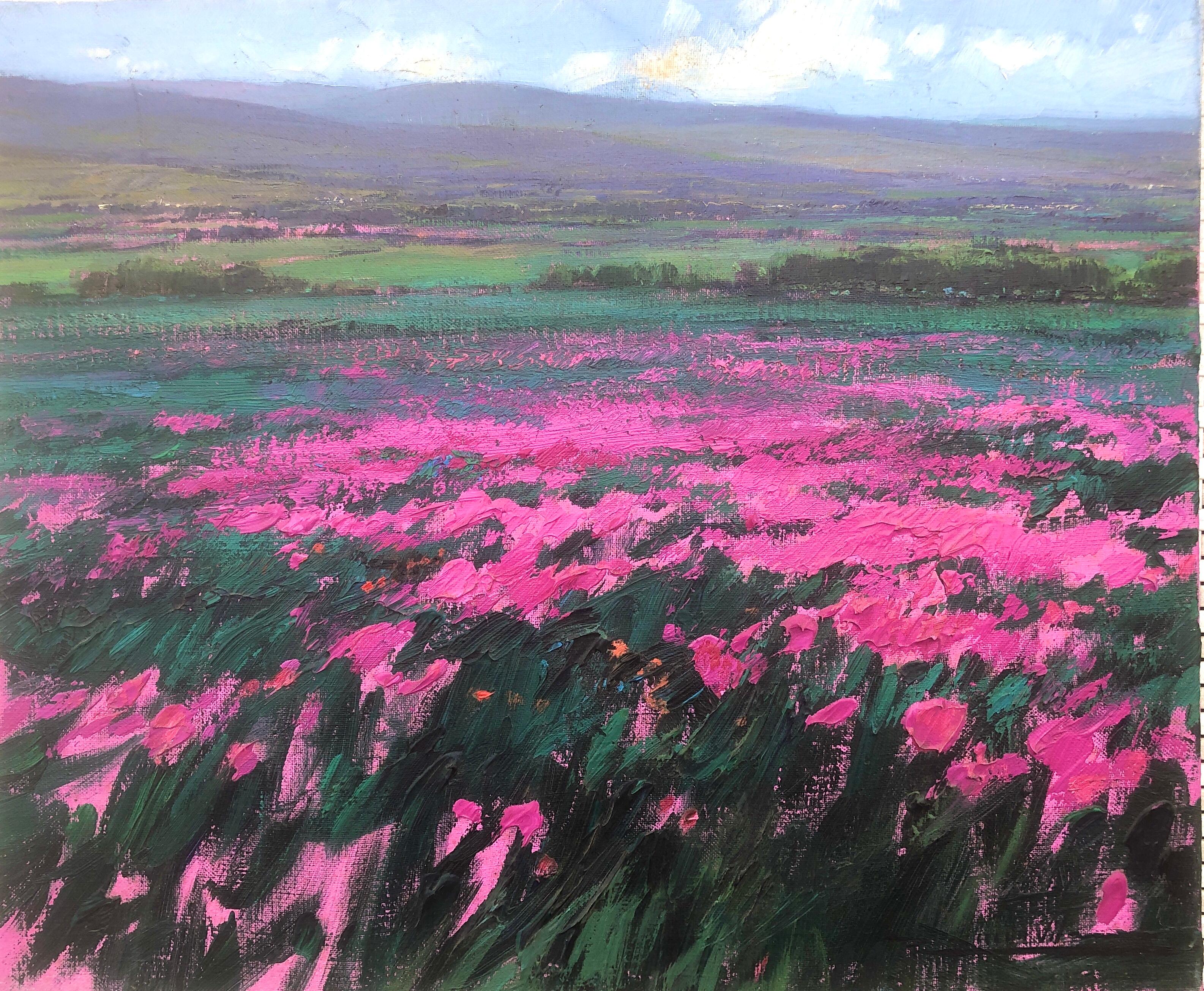 Landscape Painting Ramon Vila - Field of flowers huile sur toile peinture de paysage écossais