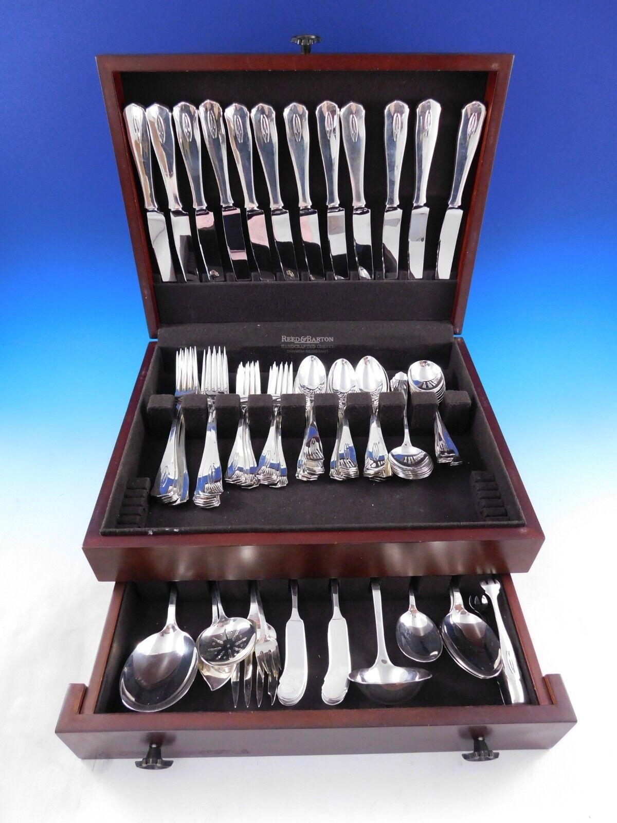 Ramona by Shreve sterling silver Dinner size Flatware set - 96 pieces. This Arts & Crafts pattern was introduced in the year 1912. This set includes:
12 Dinner Size Knives, 9 3/4