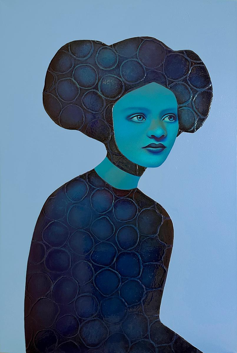 Ramona Nordal Figurative Painting - Delphinium, abstract painting, pop art portrait of a woman, blue tones & pattern