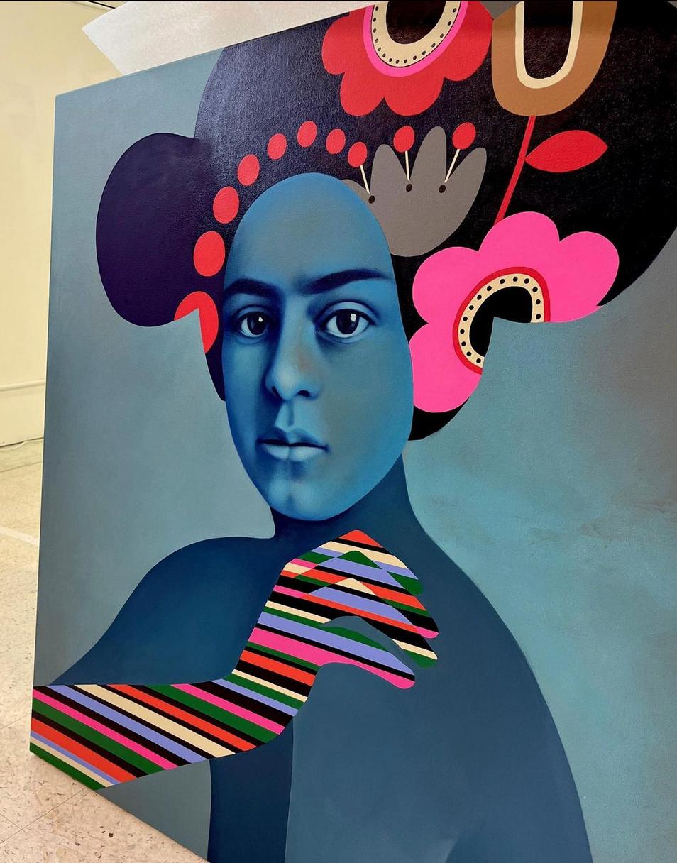 Hustler, Frida Kahlo inspired figurative abstract painting, bright color design - Painting by Ramona Nordal