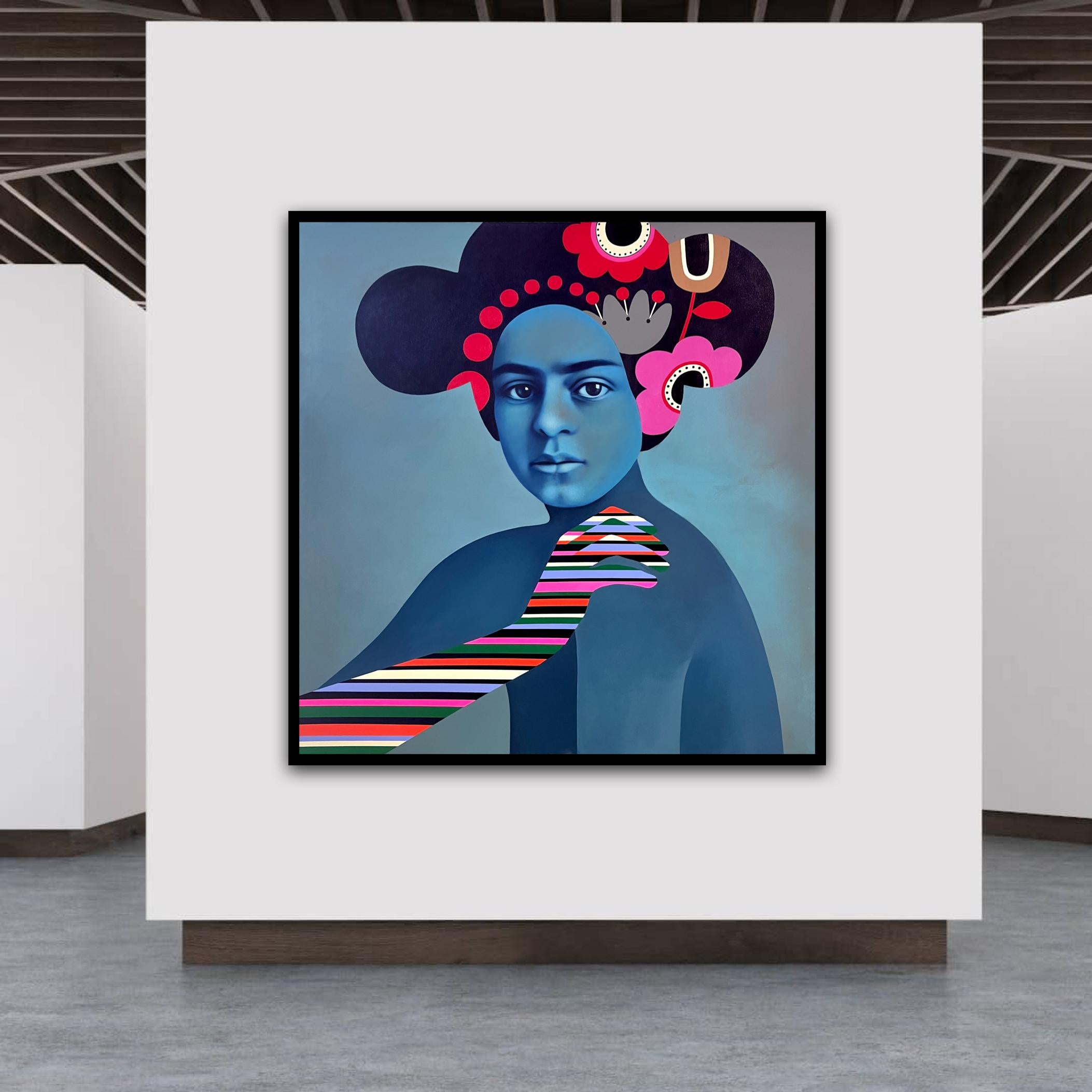 Hustler, pintura abstracta figurativa inspirada en Frida Kahlo, diseño de colores brillantes - Abstract Painting Azul de Ramona Nordal