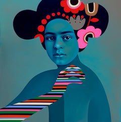 Hustler, peinture abstraite figurative inspirée de Frida Kahlo, design aux couleurs vives