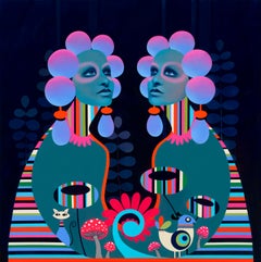 Moxi Twins, abstract pop art female figures, 60's design patterns, vivid colors
