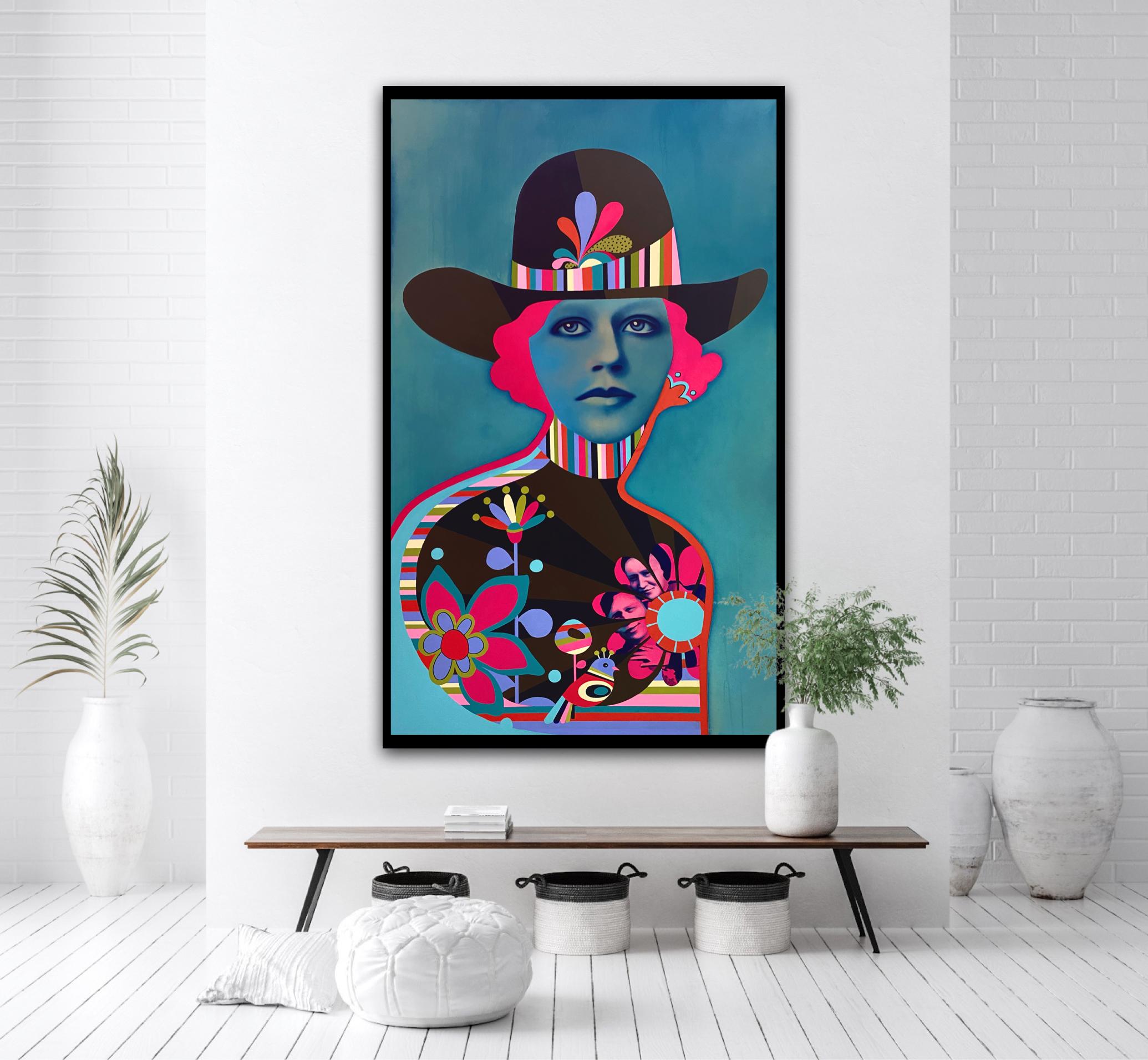 Outlaw, abstract pop art figurative painting, woman in cowboy hat, bright colors - Painting by Ramona Nordal