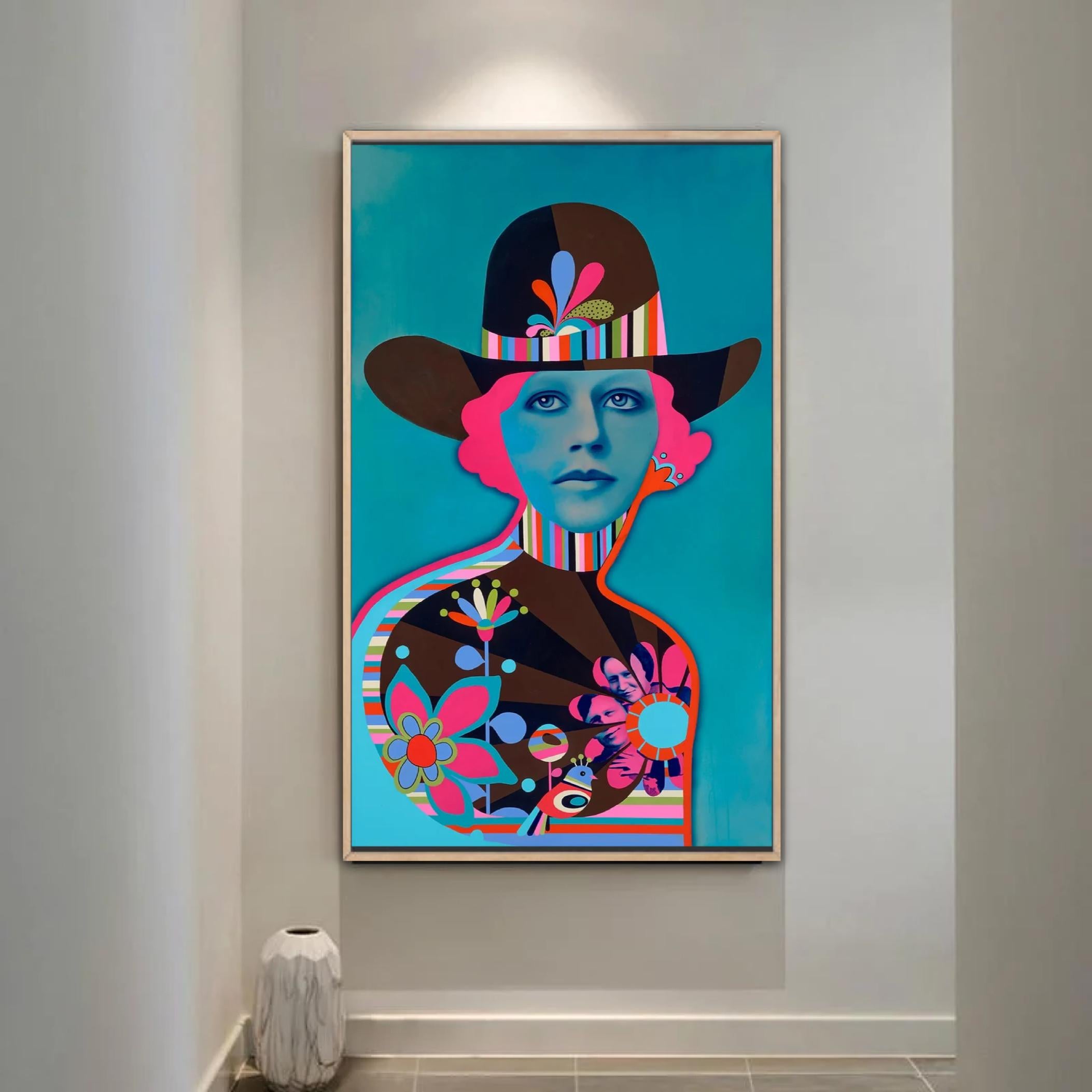 “Outlaw” is a bright and powerful painting with a fashionista female figure wearing a cowboy hat, and a bright colorful blue background. It is sure to be a feature piece in any space. Known for her richly evocative color palette and striking