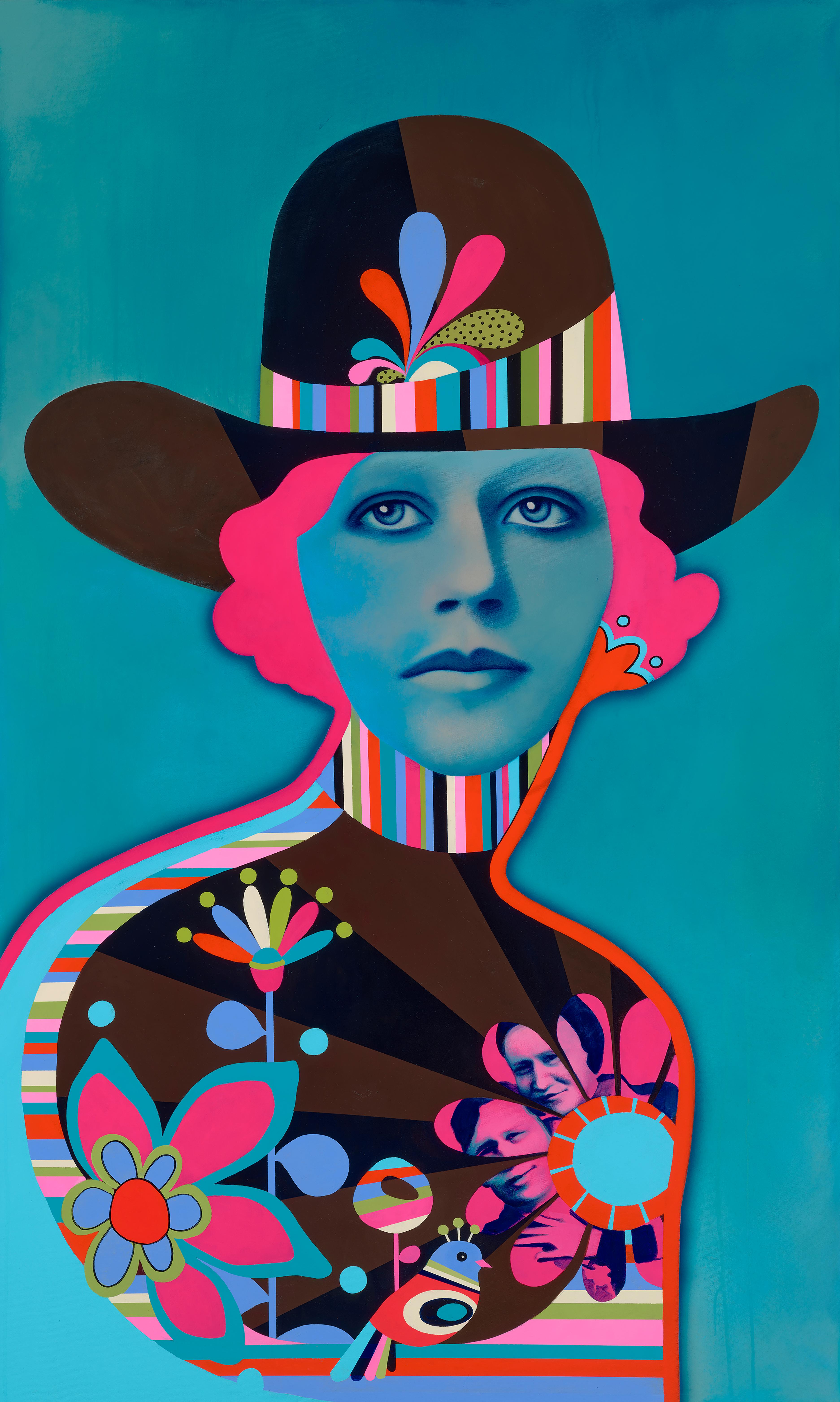 Ramona Nordal Figurative Painting - Outlaw, abstract pop art figurative painting, woman in cowboy hat, bright colors