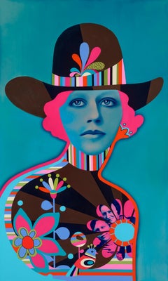 Used Outlaw, abstract pop art figurative painting, woman in cowboy hat, bright colors