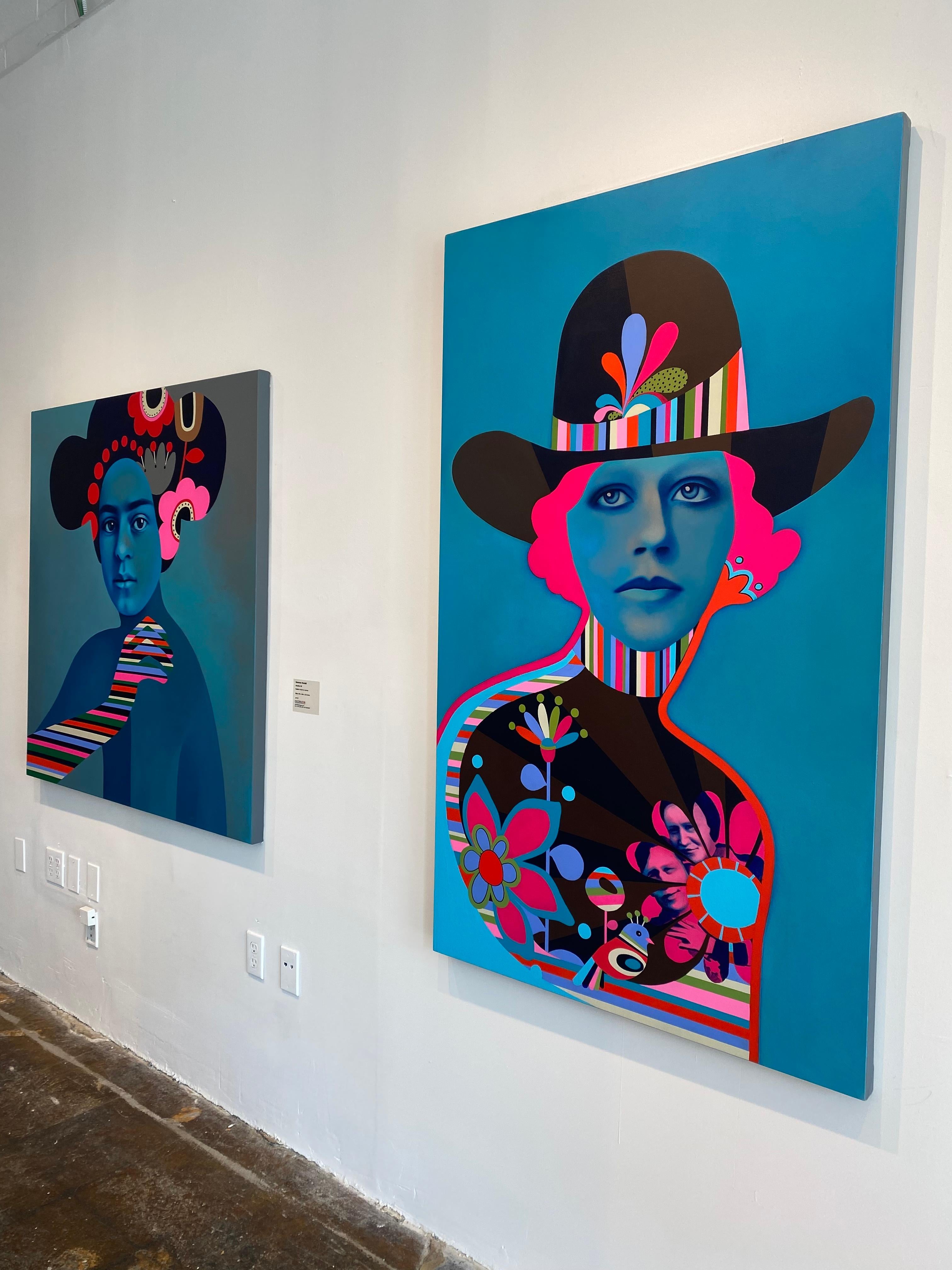 Outlaw, abstract pop art figurative painting, woman in cowboy hat, bright colors For Sale 5