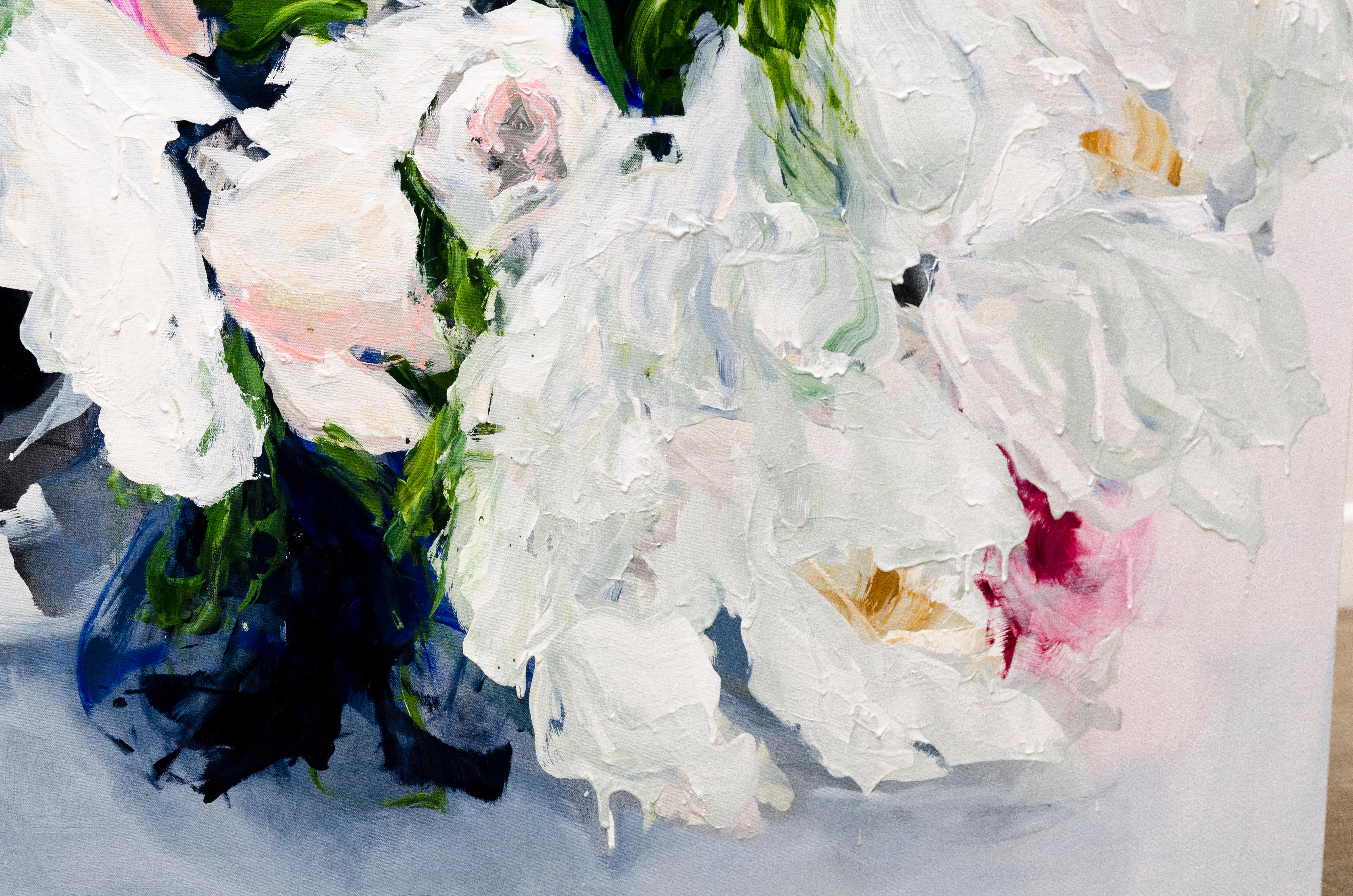 In 'Break into Blossom #2' by Ramona Stelzer, the viewer is transported into the heart of a fragile bouquet of white roses. Stelzer's profound artistic attention is fixated on the fleeting beauty of these blooms, skillfully breathing life into the