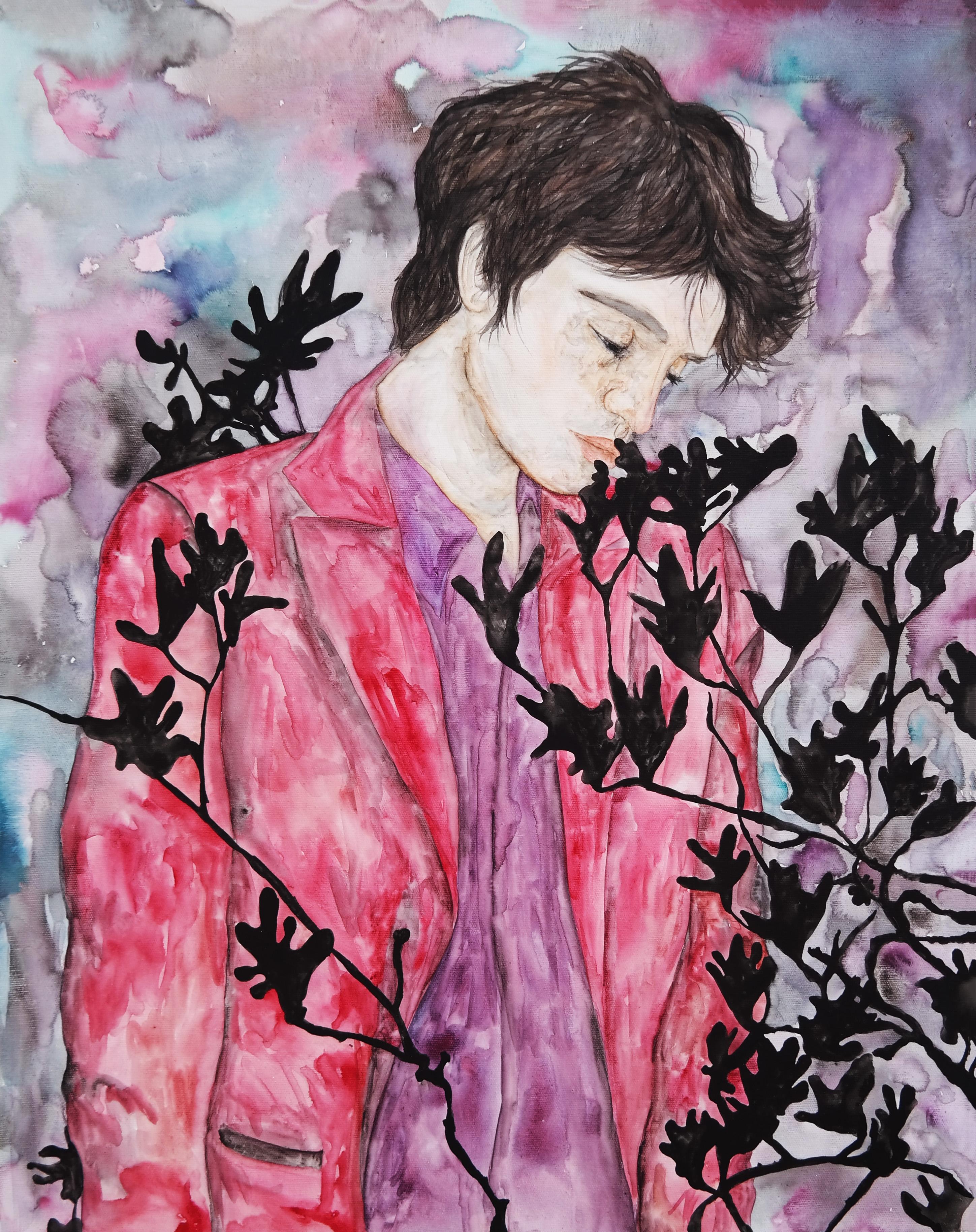 A dandy in the garden of black roses, 2016 by Ramonn Vieitez
Watercolor and Gouache on canvas
Size: 19.7 H x 15.7 W in.
Signed on the back by the artist
Unframed

___

Ramonn Vieitez is a self-taught Brazilian artist who primarily utilizes painting