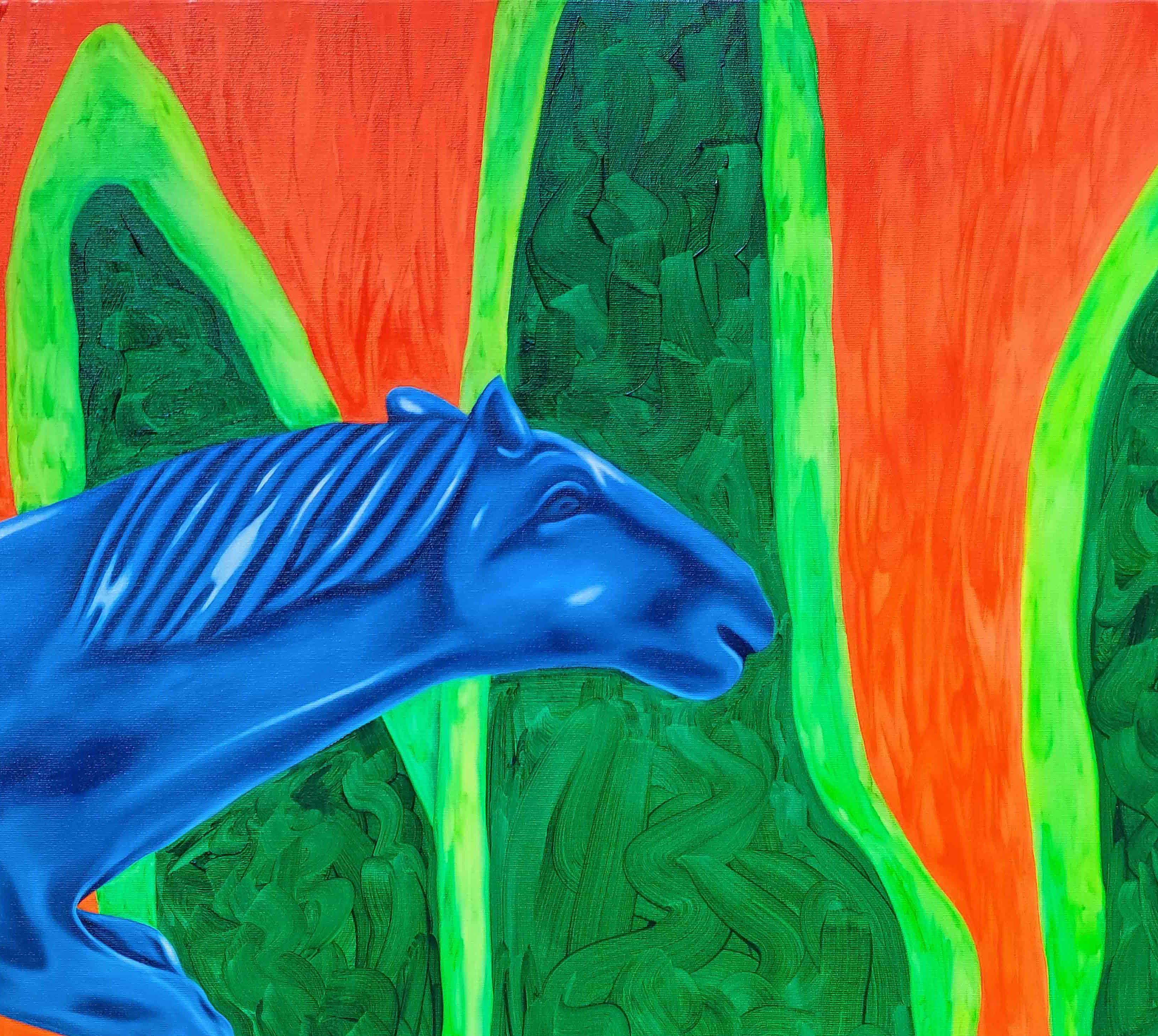 Cavalos e pitangas, Still Life Painting - Blue Still-Life Painting by Ramonn Vieitez de Lima
