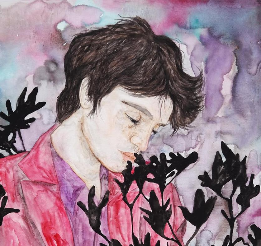 Dandy nel giardino delle rose nere &Terrificante notte della prima trasformazione - Portrait Painting Nero di Ramonn Vieitez de Lima