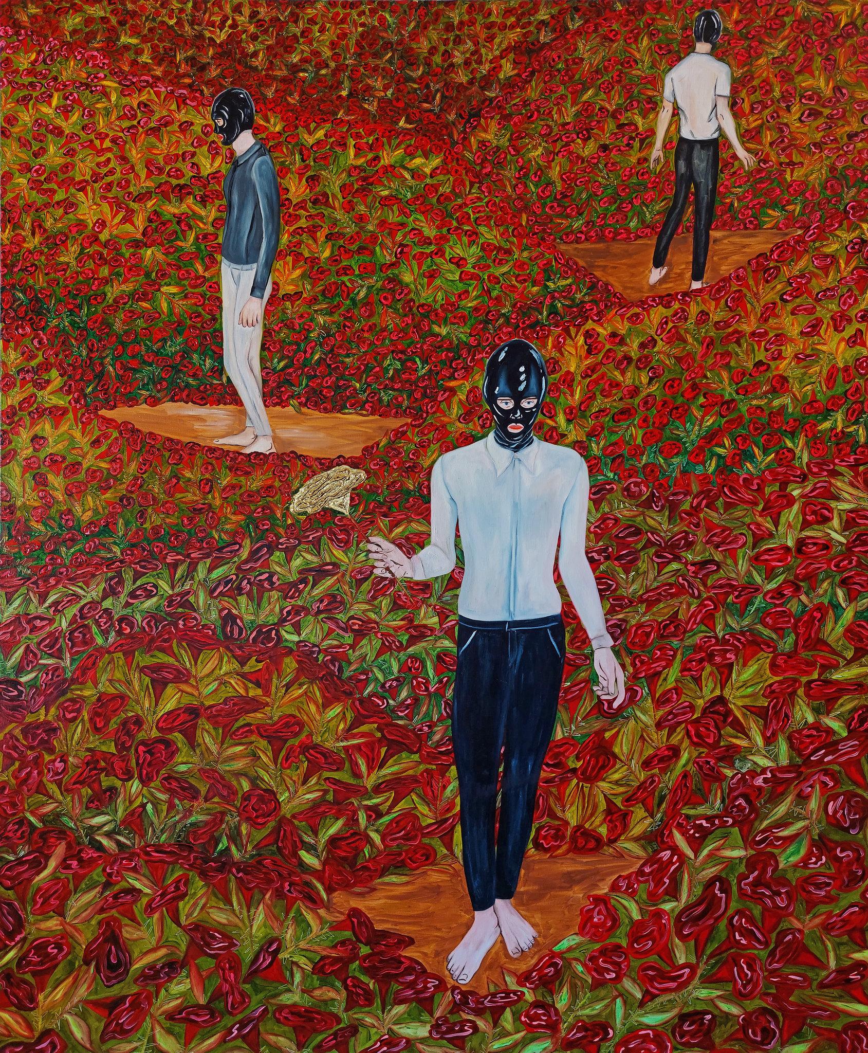 The desire to take refuge in oblivion and frivolity arises, but the path is full of surprises, 2023 by Ramonn Vieitez
Oil and gold leaf on canvas
Size: 47.2 H x 39.3 W in.
Unique
Signed on the back by the artist

___

Ramonn Vieitez is a self-taught