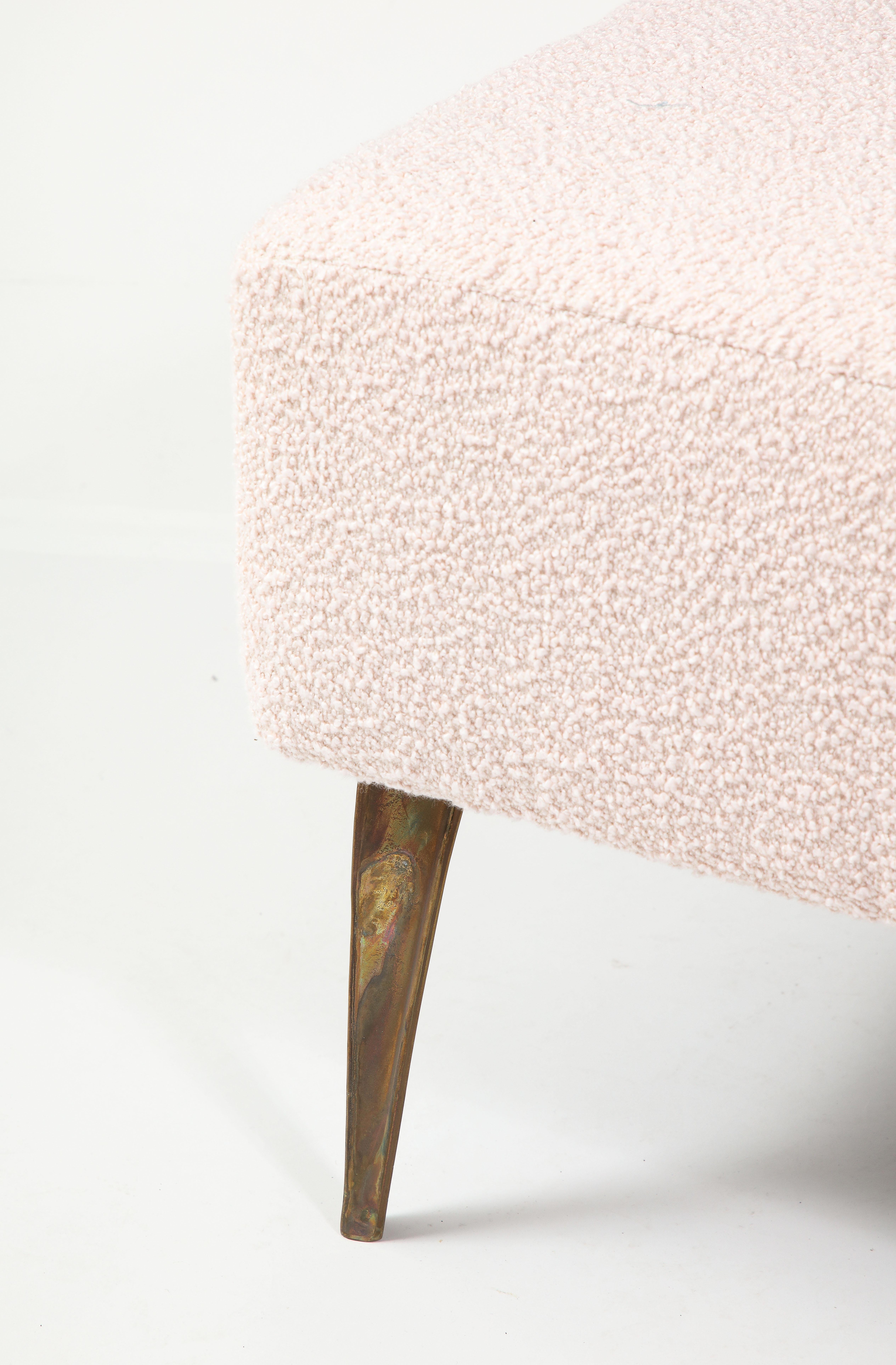Powder Pink Bouclé stools on cast bronze legs.
