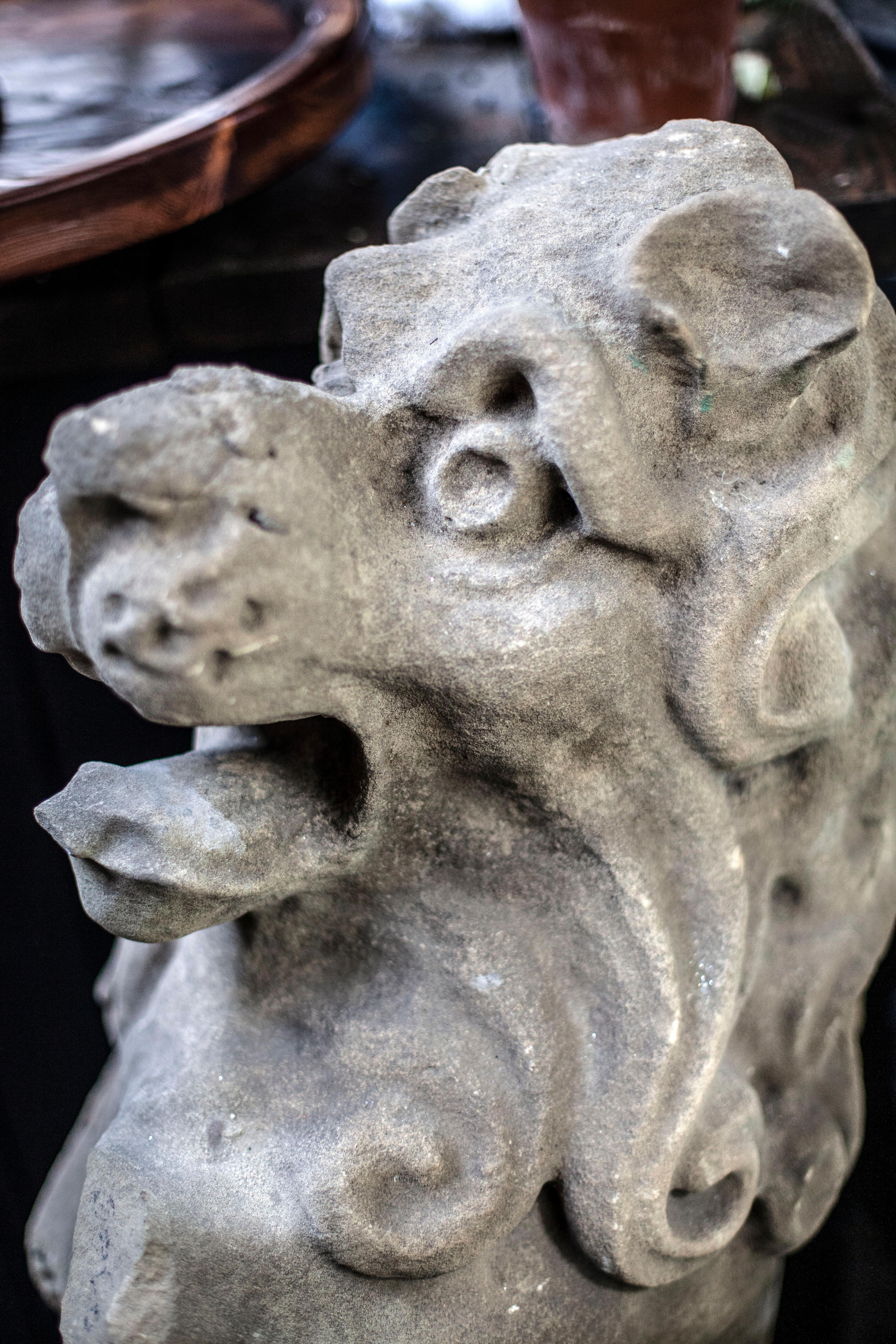 Fleurdetroit propose à votre attention un magnifique lion rampant en grès, une sentinelle parfaite pour surveiller votre maison ou votre jardin. Assombri par l'âge et les intempéries, ce lion est extrêmement lourd avec des détails sculptés et ornés