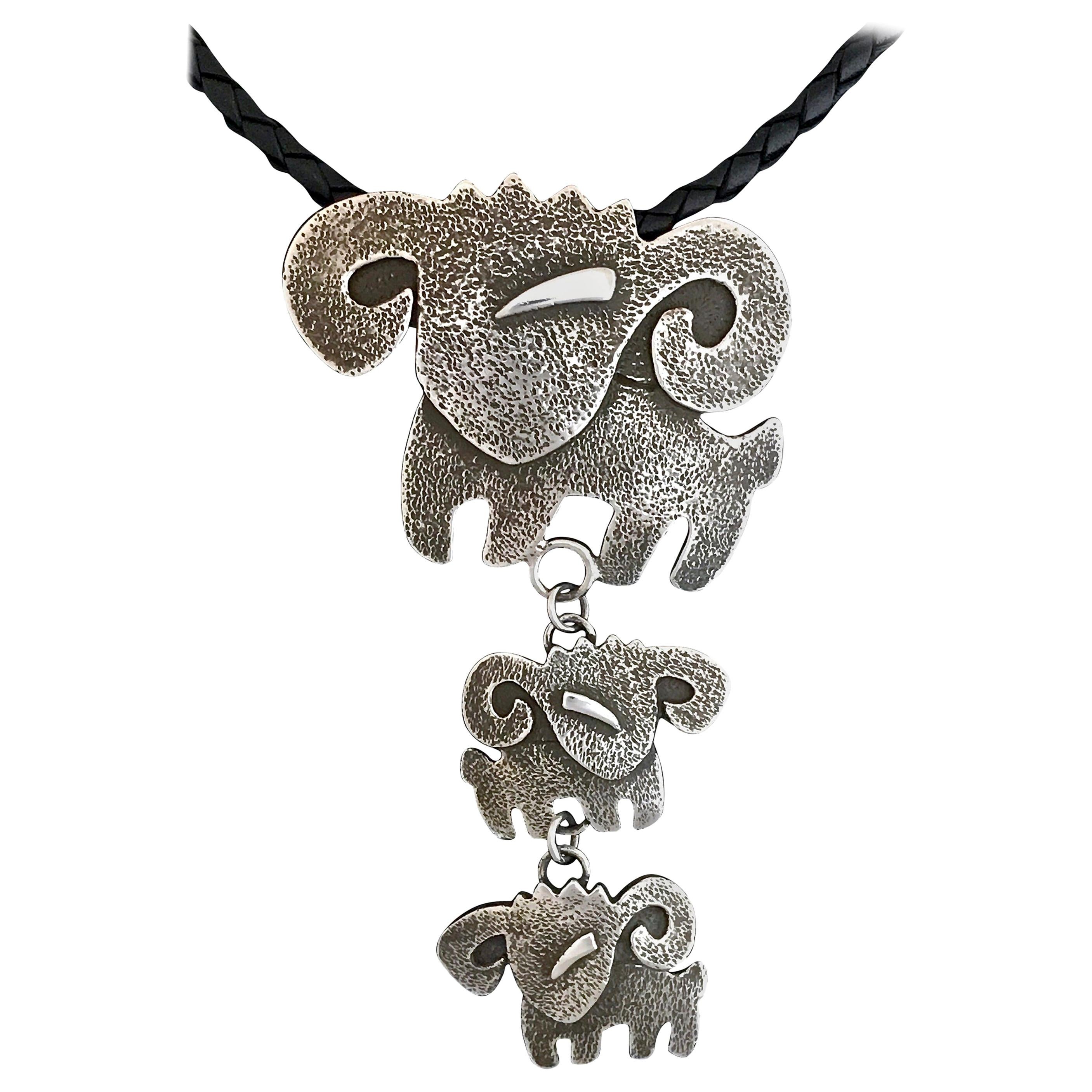 Ram drop pendant, by Melanie Yazzie, cast, sterling silver, Navajo, necklace For Sale
