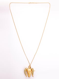Ram's-Head Amulet in Silver, 24K Gold Plating & Emerald With Silver Chain
