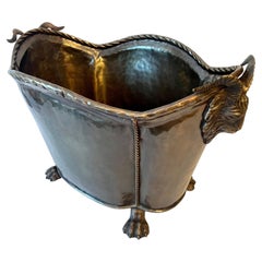 Rams Head Bin Jardiniere or Wood Holder in Brass with Rams Head and Paw Feet