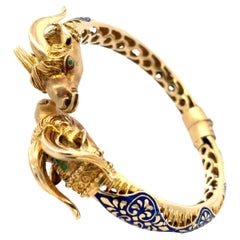 Rams Head Blue Enamel Hinged Bangle 18K Yellow Gold