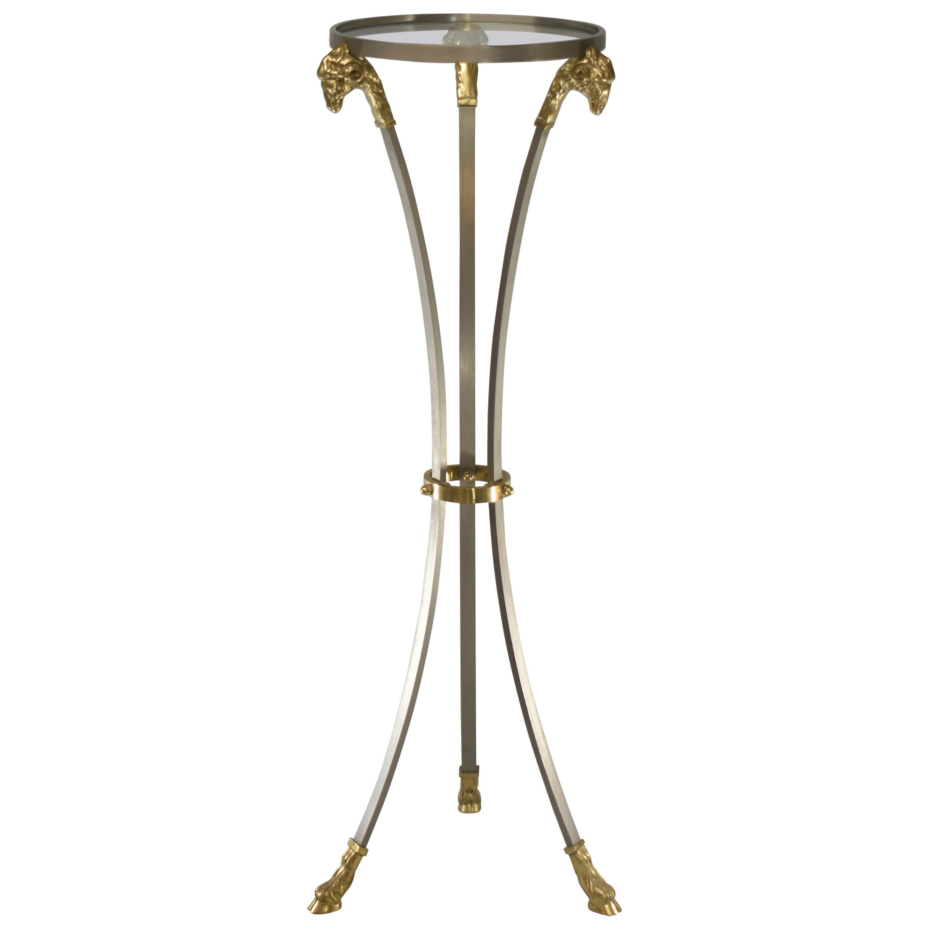 Rams Head Brass and Brushed Silver Tone Metal Plant Stand with Glass Top