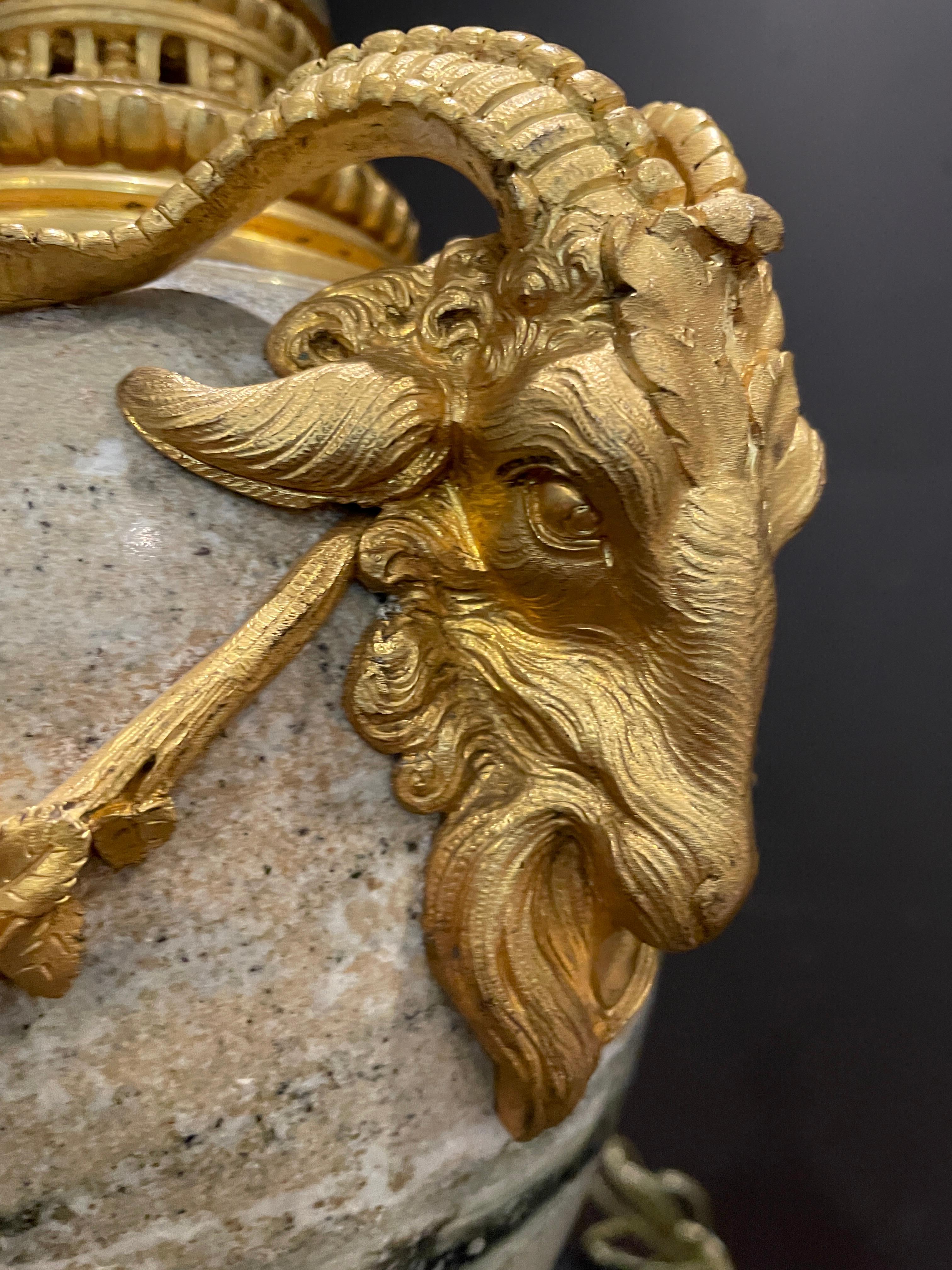 Late 19th Century Gilt  Bronze Mounted Marble Lamp With Rams Head For Sale