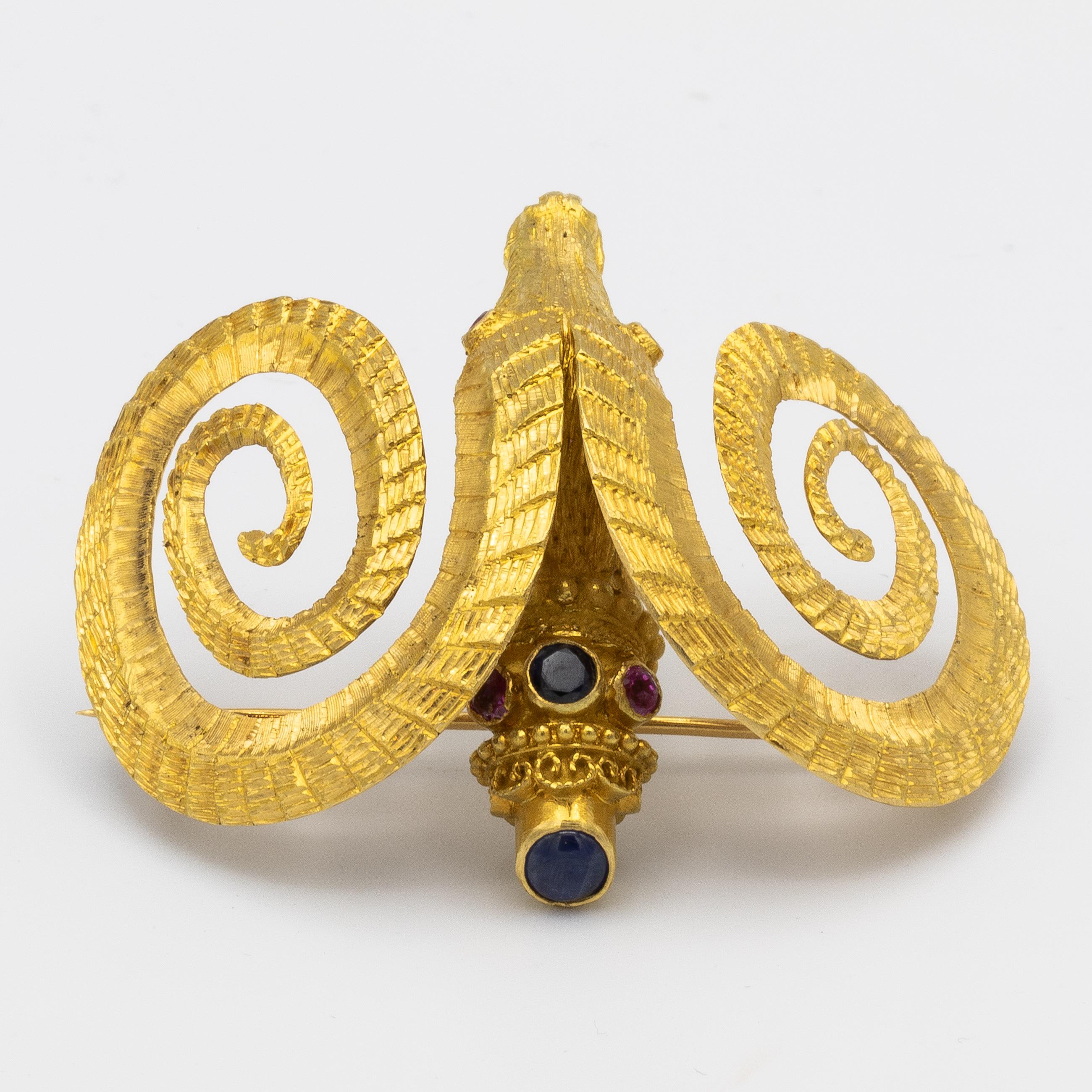 Round Cut Rams Head Brooch Signed Lalaounis Sapphires and Rubies 18 Karat Yellow Gold