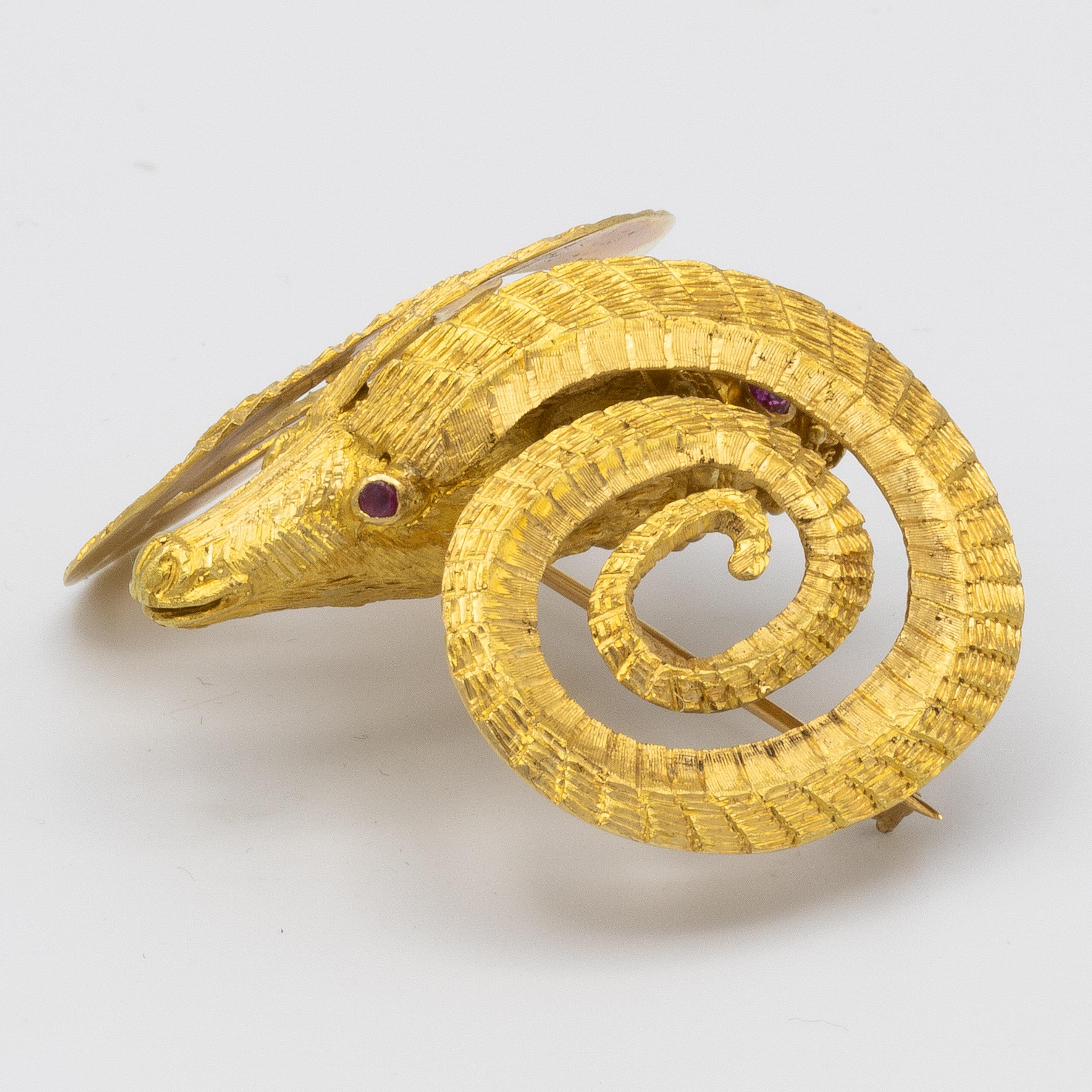 Women's or Men's Rams Head Brooch Signed Lalaounis Sapphires and Rubies 18 Karat Yellow Gold