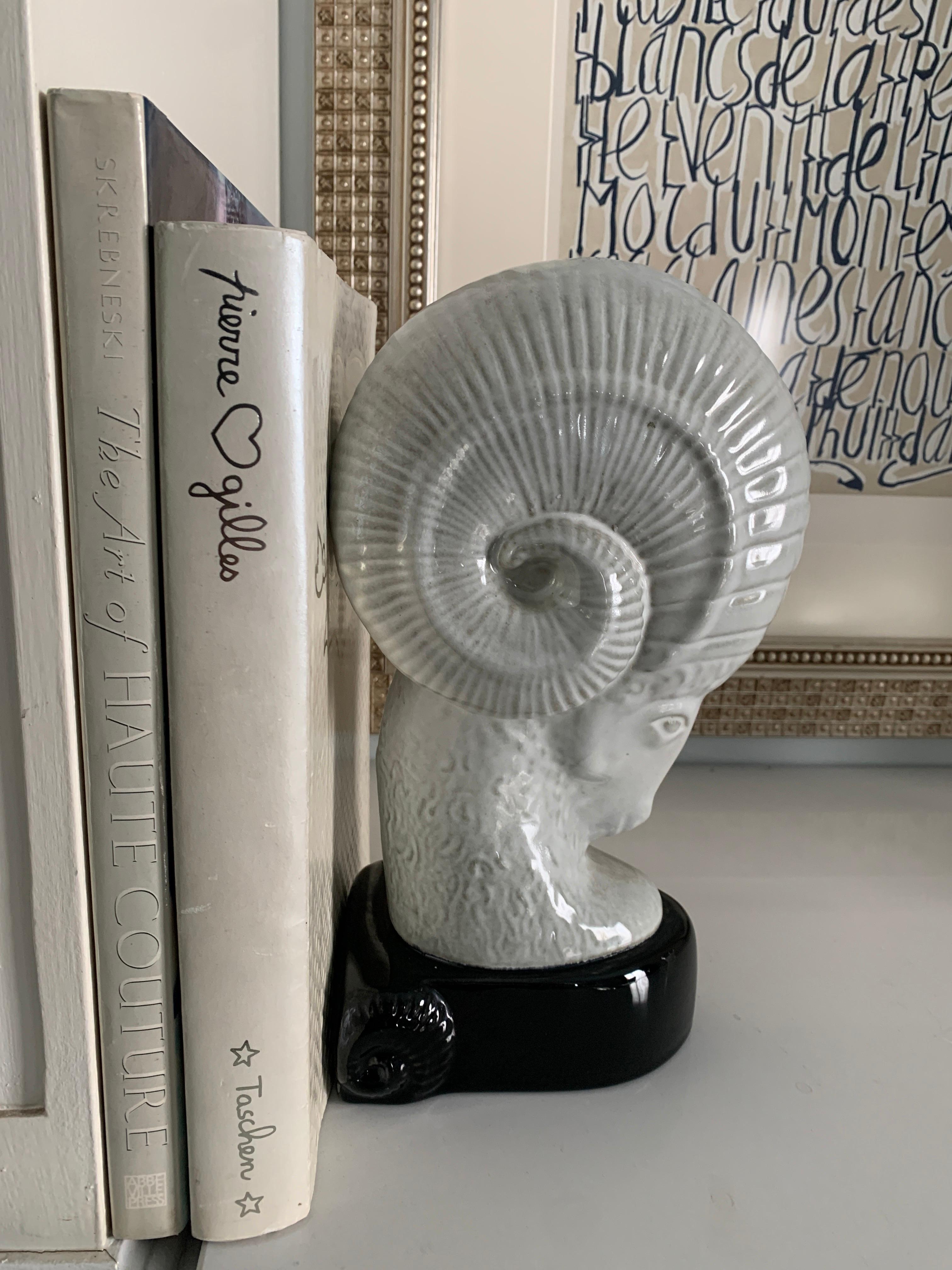 Mid-Century Modern Rams Head Ceramic Sculpture Bookend For Sale