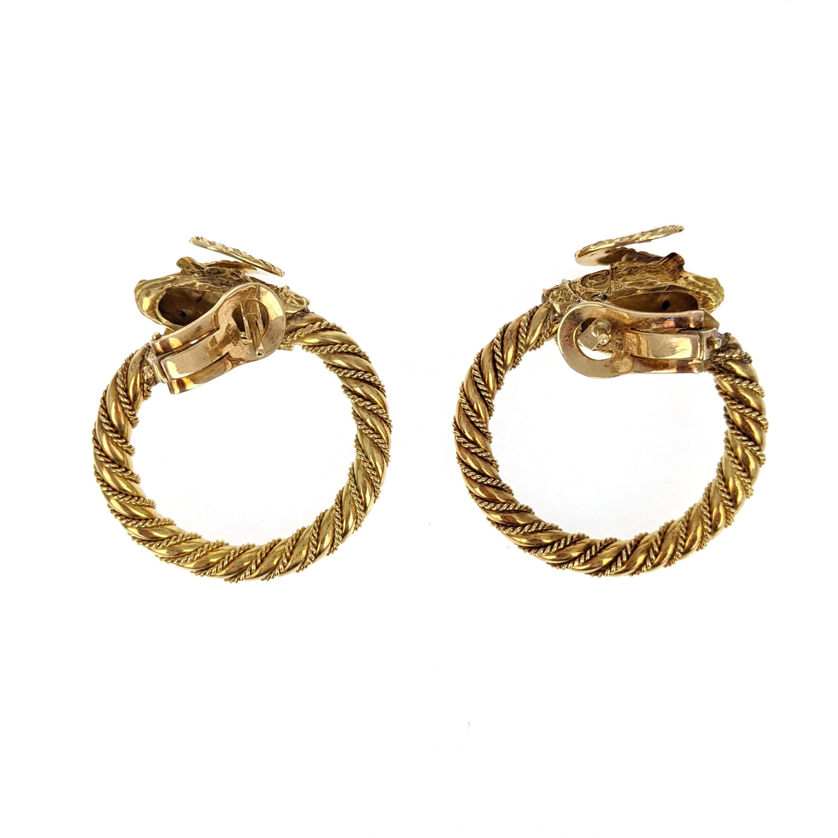 Women's or Men's Ram's Head Yellow Gold Hoop Earrings
