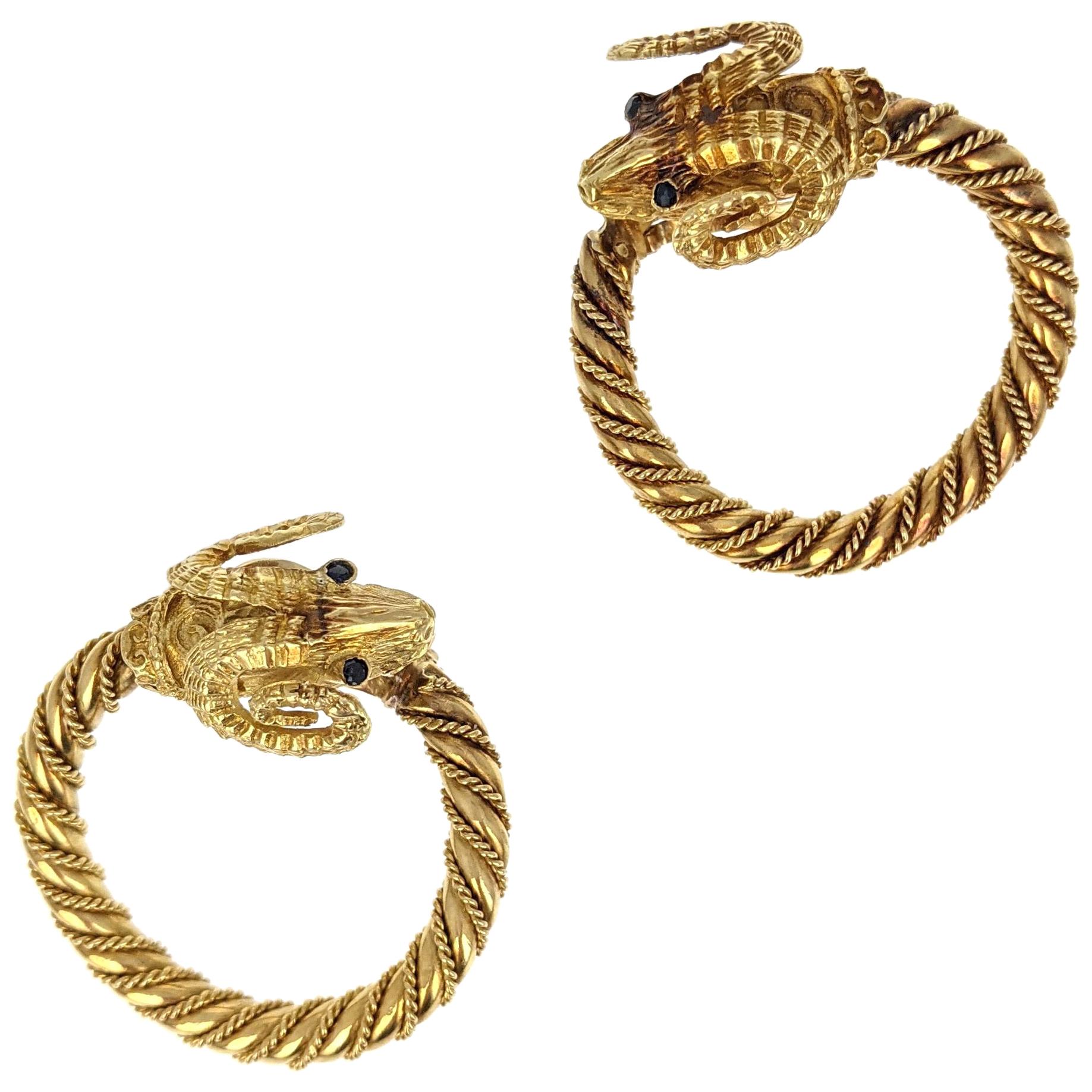 Ram's Head Yellow Gold Hoop Earrings