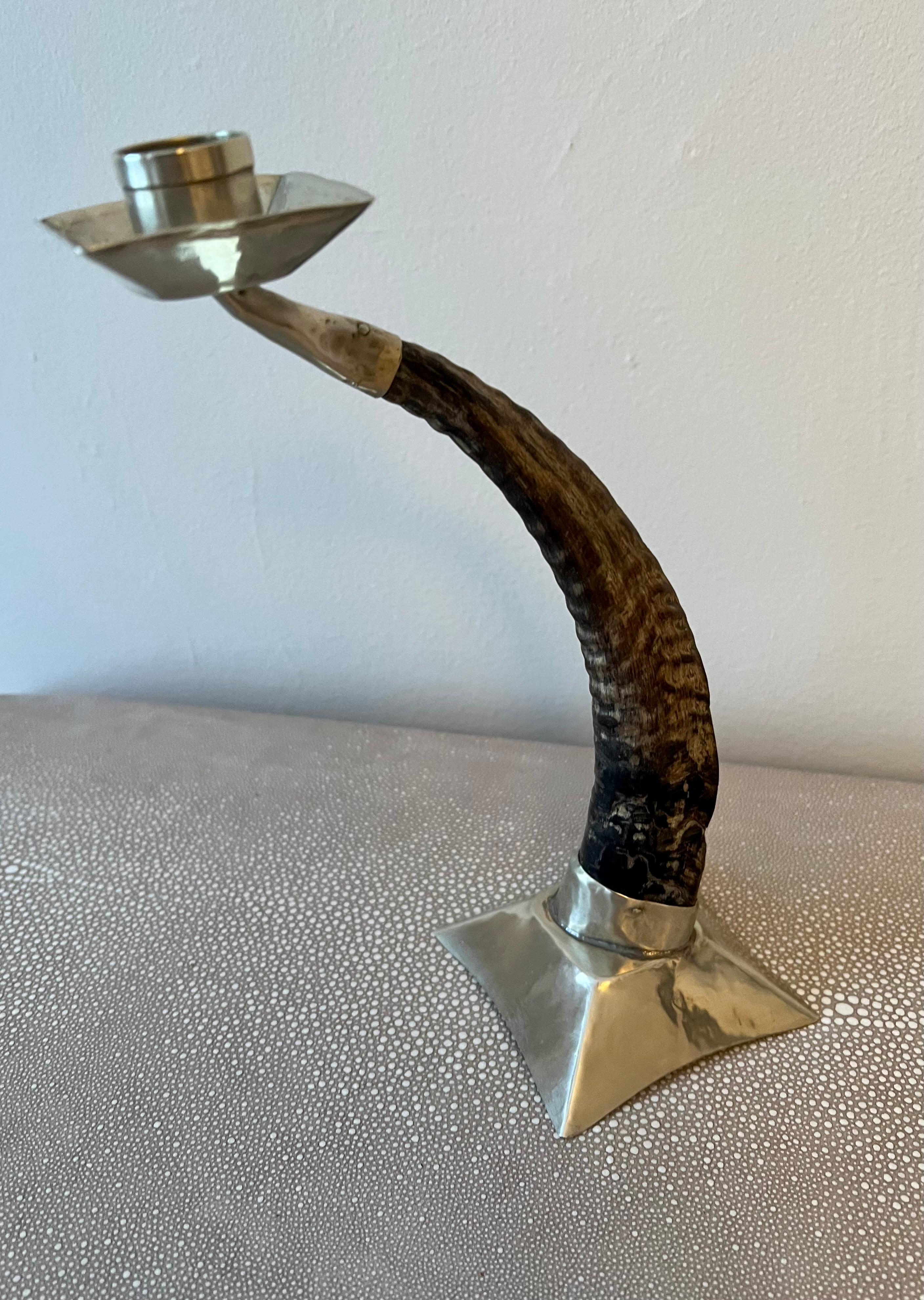 Arts and Crafts Ram's Horn and Silver Candle Stick Holder For Sale