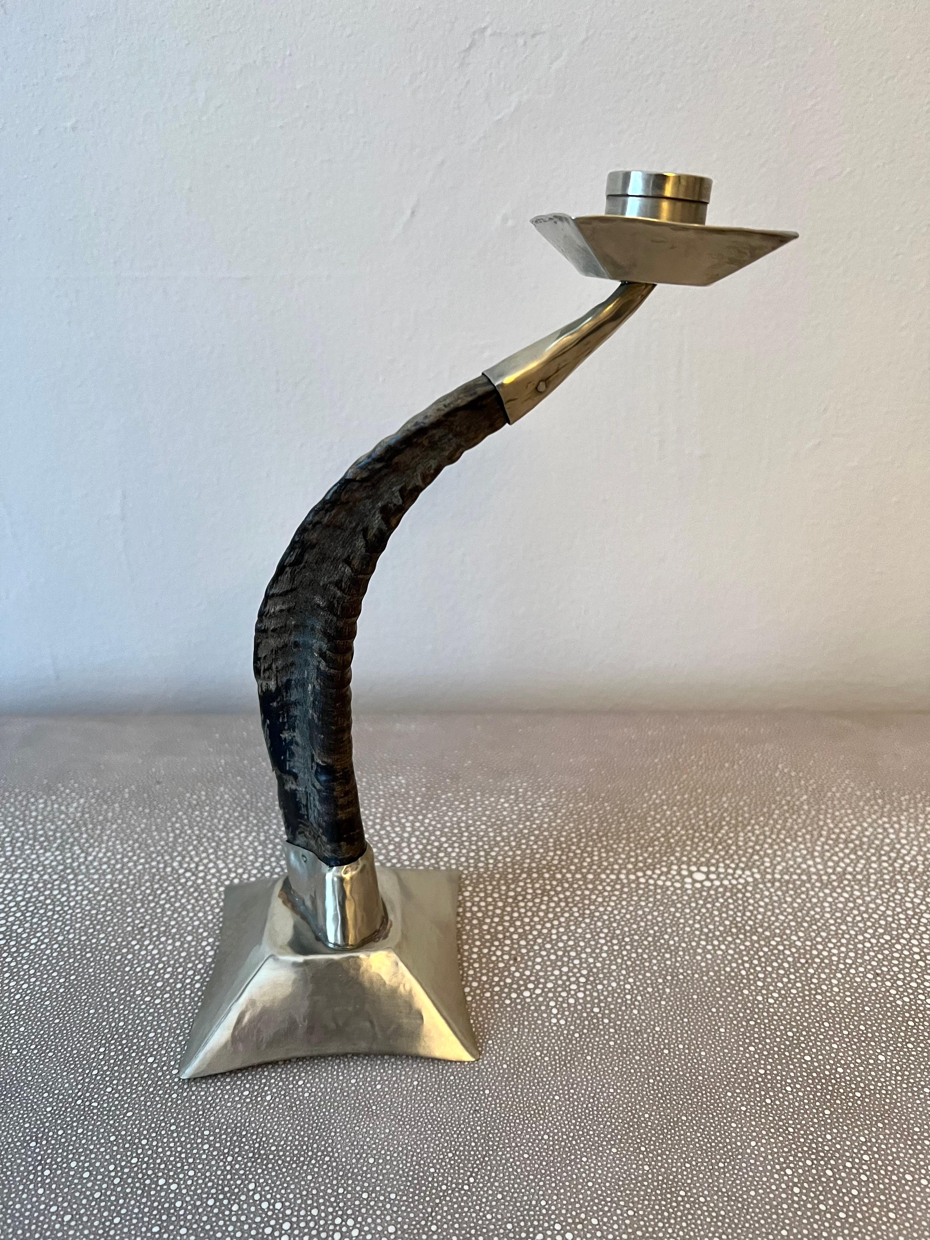 Patinated Ram's Horn and Silver Candle Stick Holder For Sale