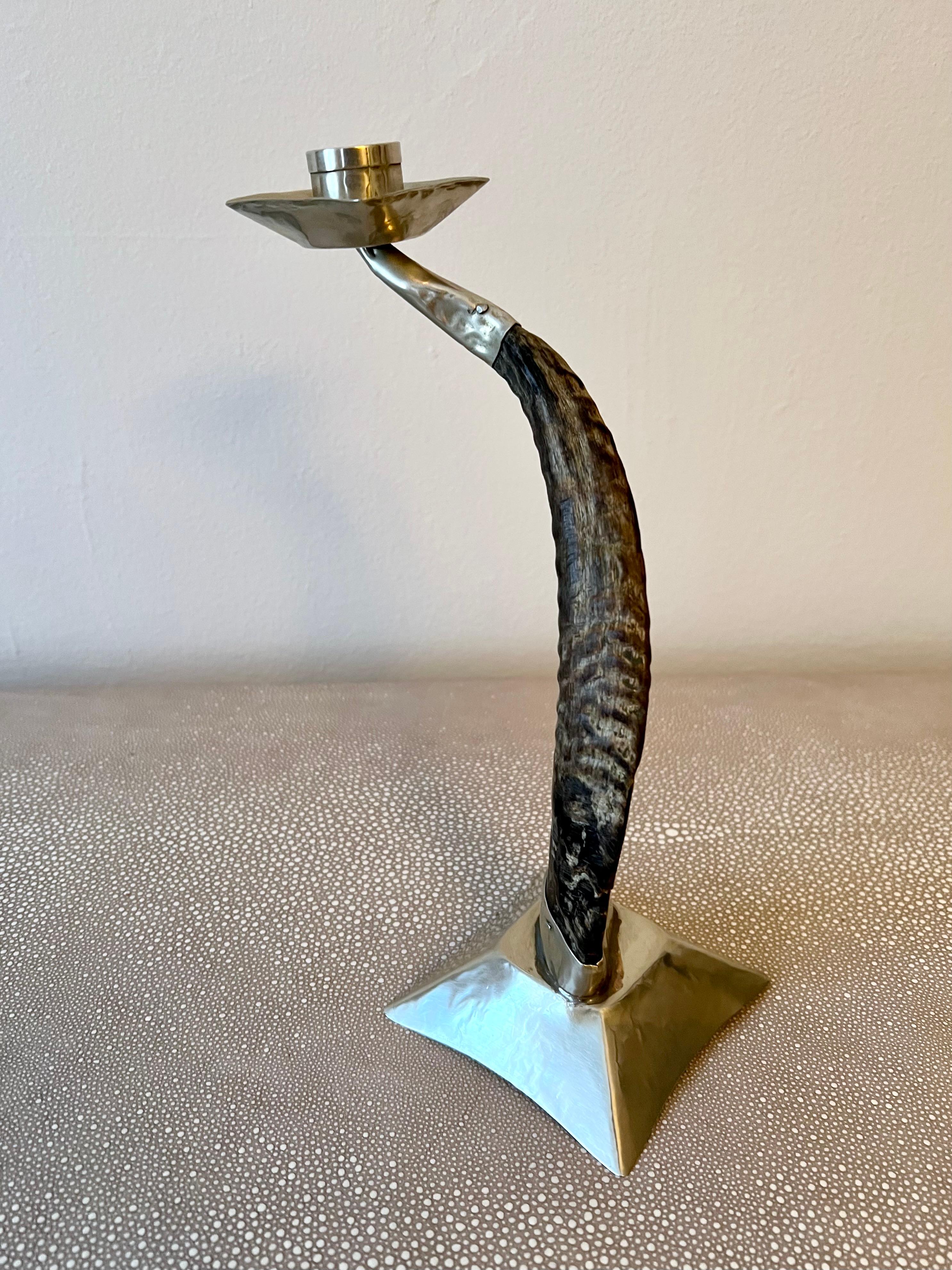 Ram's Horn and Silver Candle Stick Holder In Good Condition For Sale In Los Angeles, CA