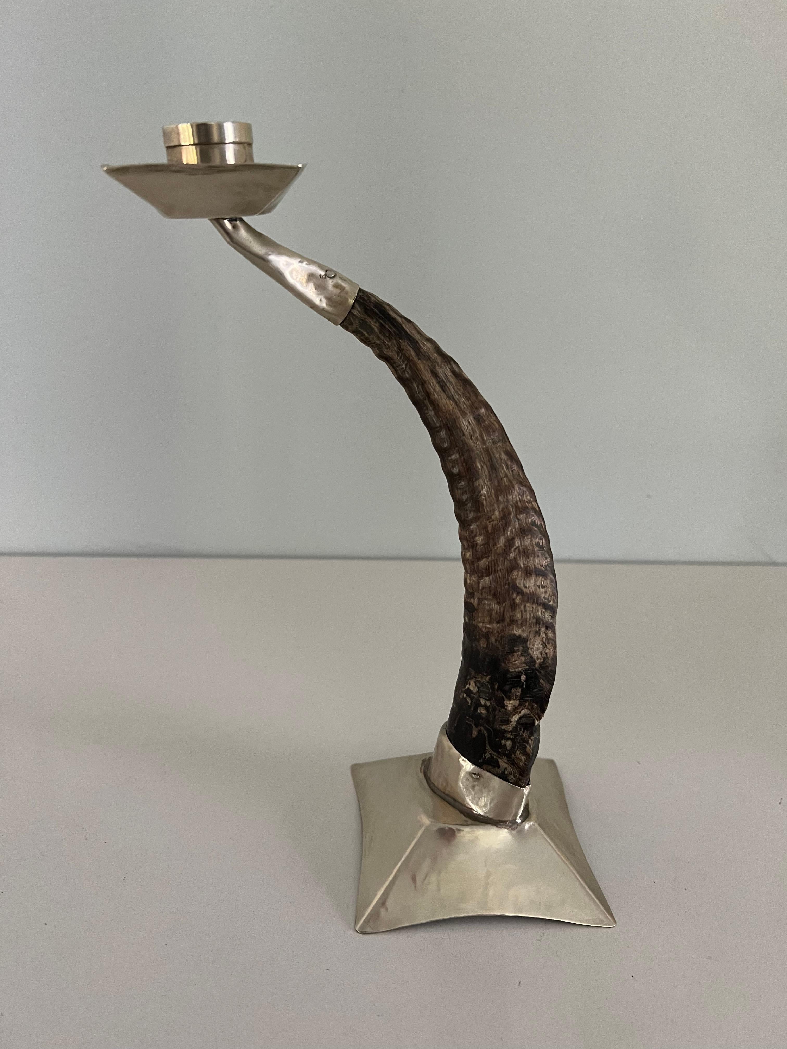 20th Century Ram's Horn and Silver Candle Stick Holder For Sale