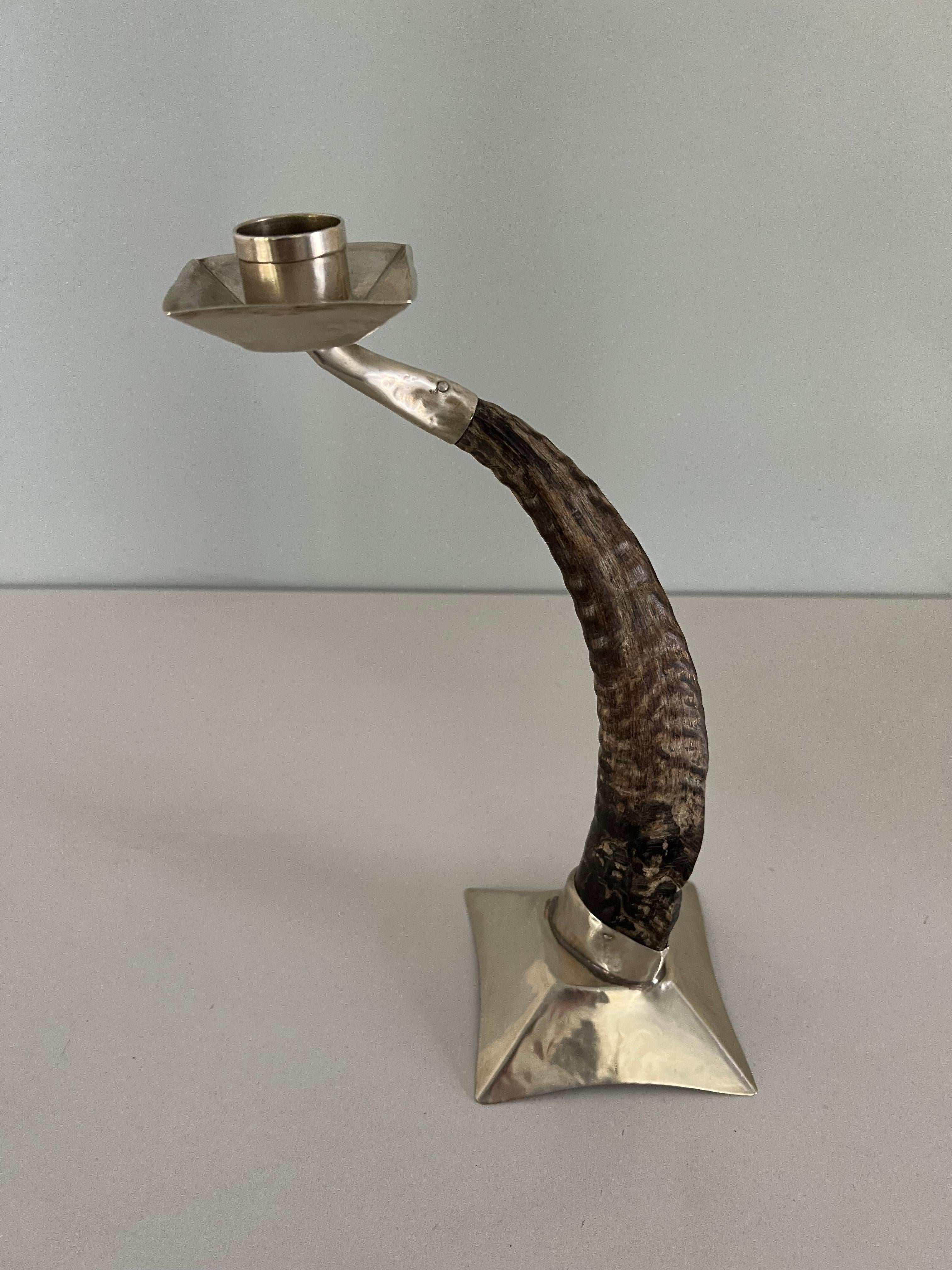 Silver Plate Ram's Horn and Silver Candle Stick Holder For Sale