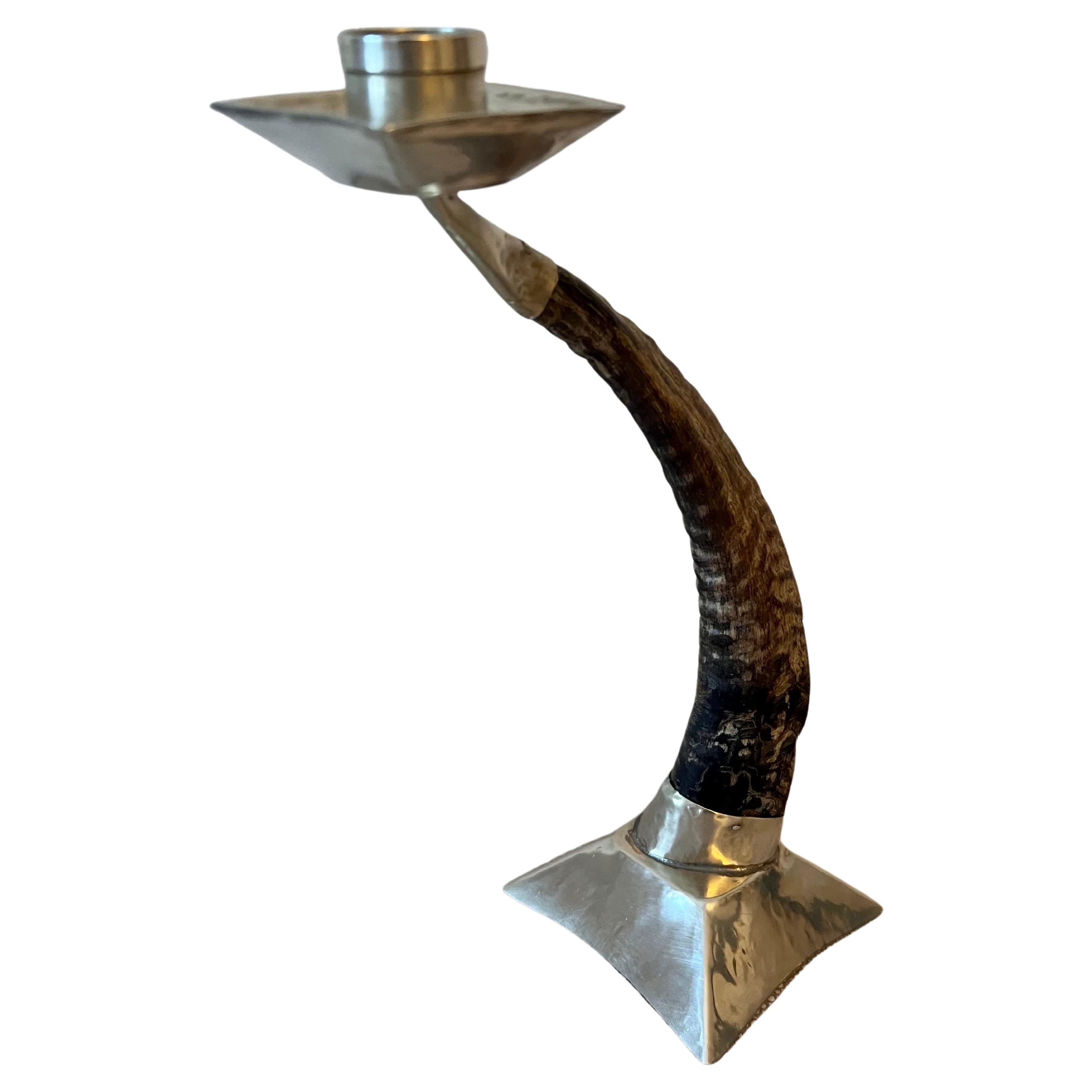 Ram's Horn and Silver Candle Stick Holder For Sale