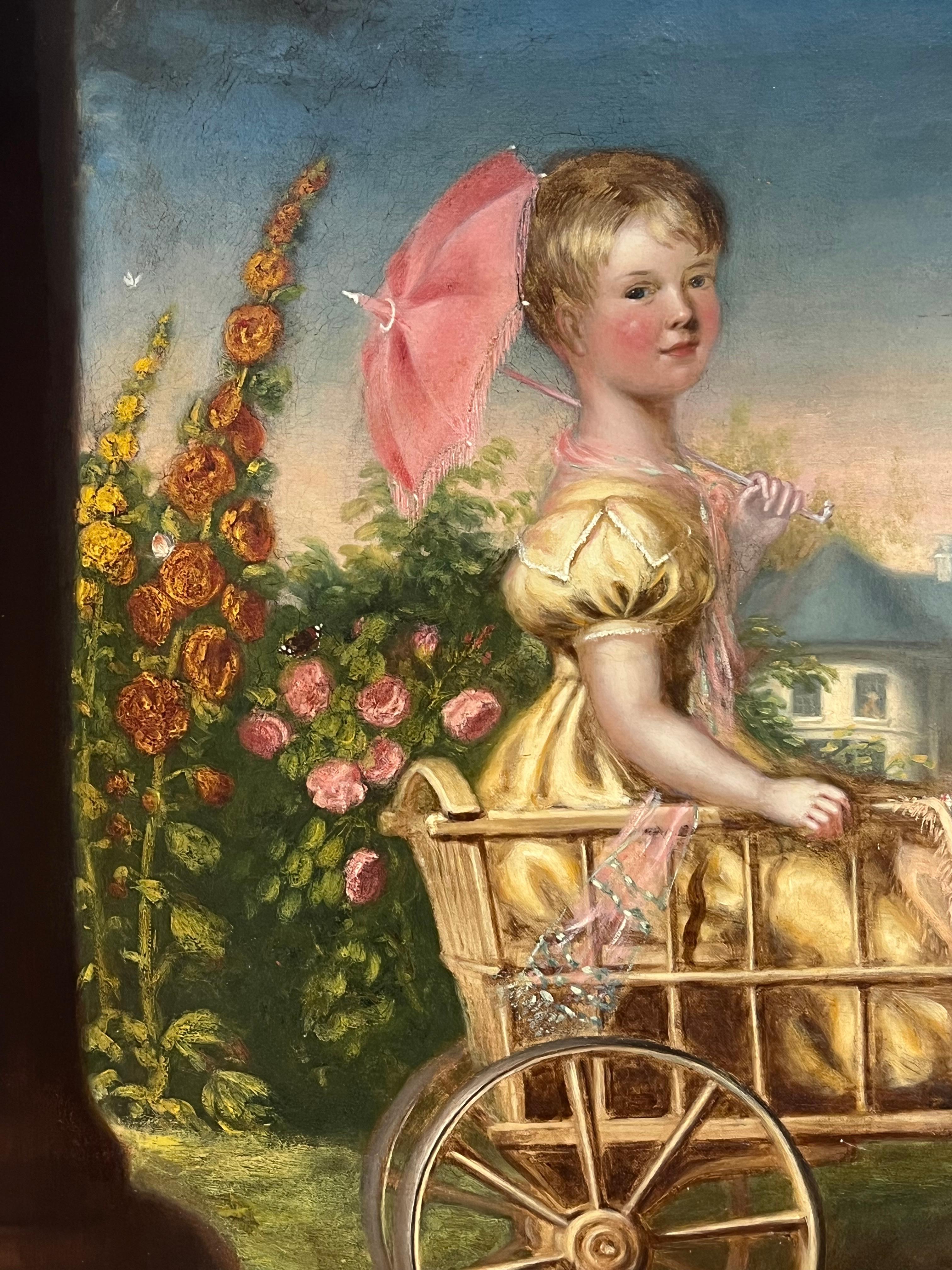 The children of Robert Williams with their go-cart in the grounds of Bridehead, Dorset *see historical notes below. 

ATTRIBUTED TO RAMSAY RICHARD REINAGLE (1775-1862)
oil painting on canvas, framed
framed: 37.5 x 48 inches
canvas : 32 x 44