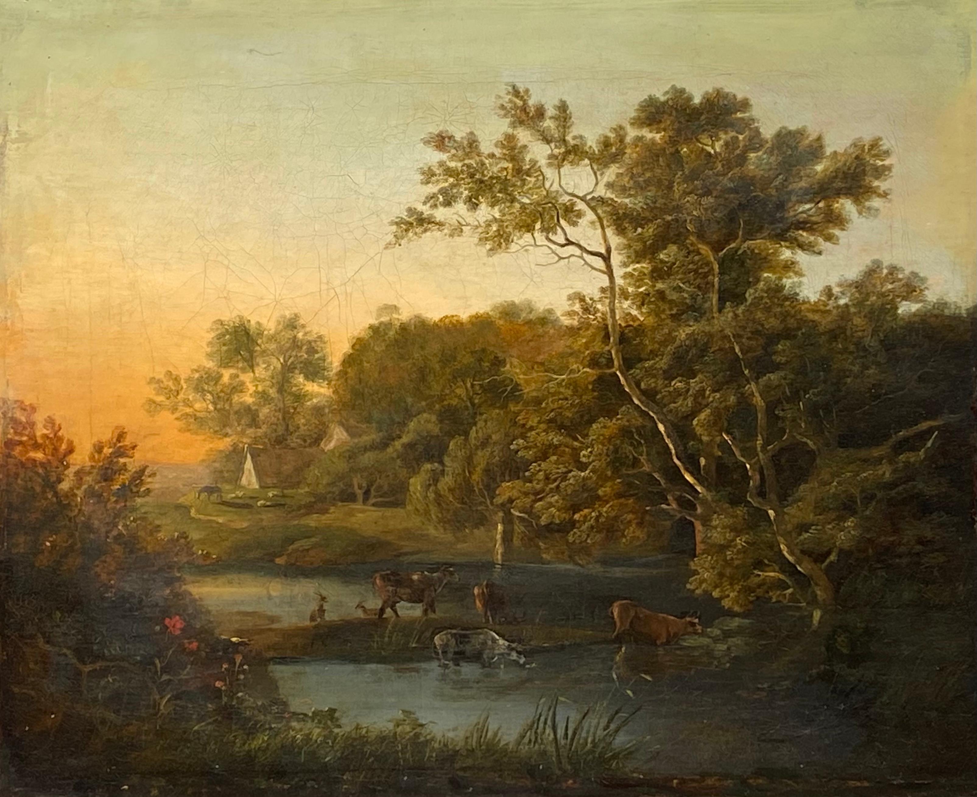 Paysage bucolique au coucher du soleil - Painting de Ramsay Richard Reinagle