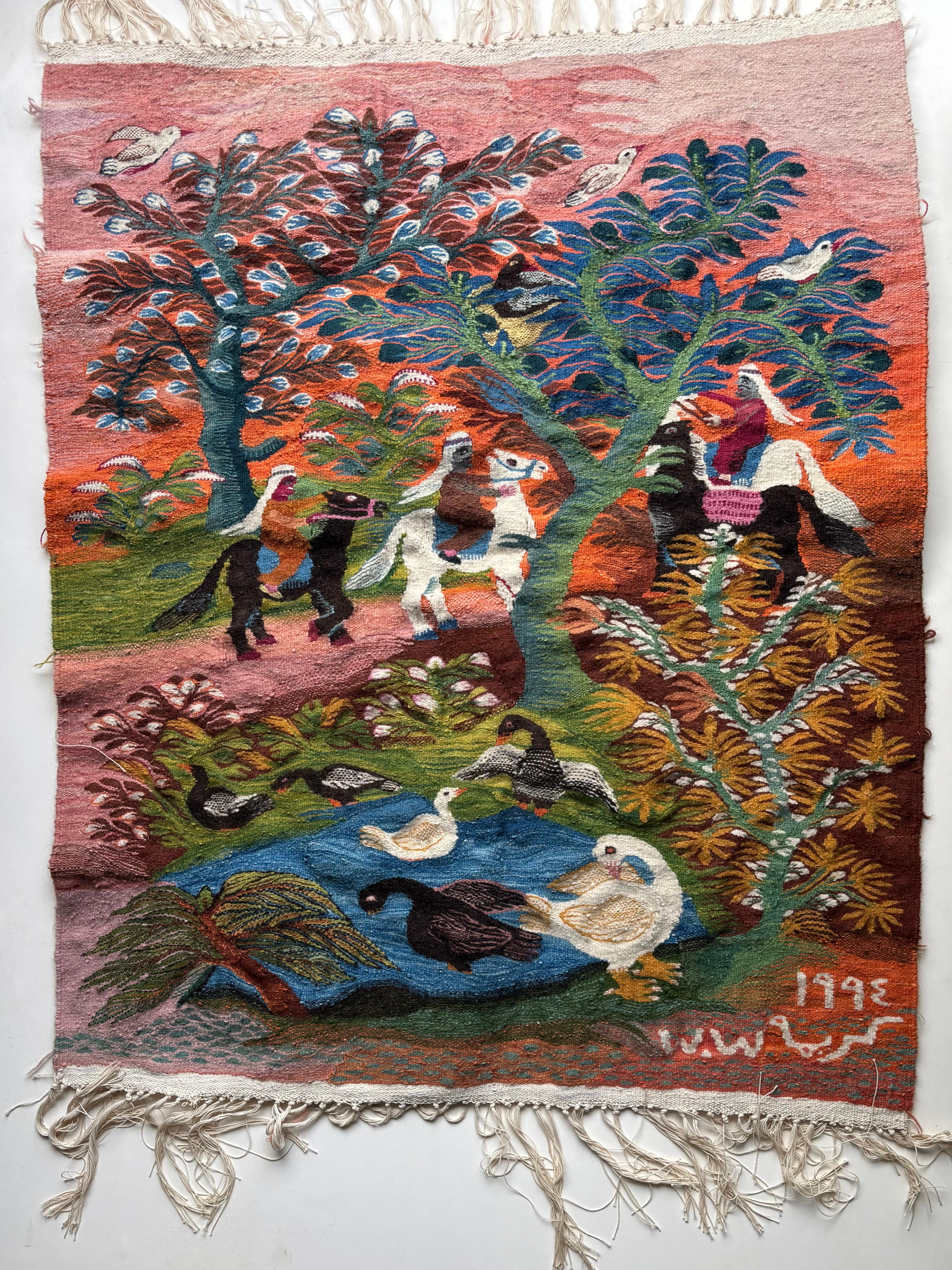 Sehr schöner und farbenfroher handgewebter Wandteppich. Dieses schöne Beispiel ägyptischer Weberei zeigt, was wir Künstler  Karina Ali und unter der Leitung von Sophie Habib Gorgi , nach Label , tragen Ramses Wissa Wassef Workshop . 