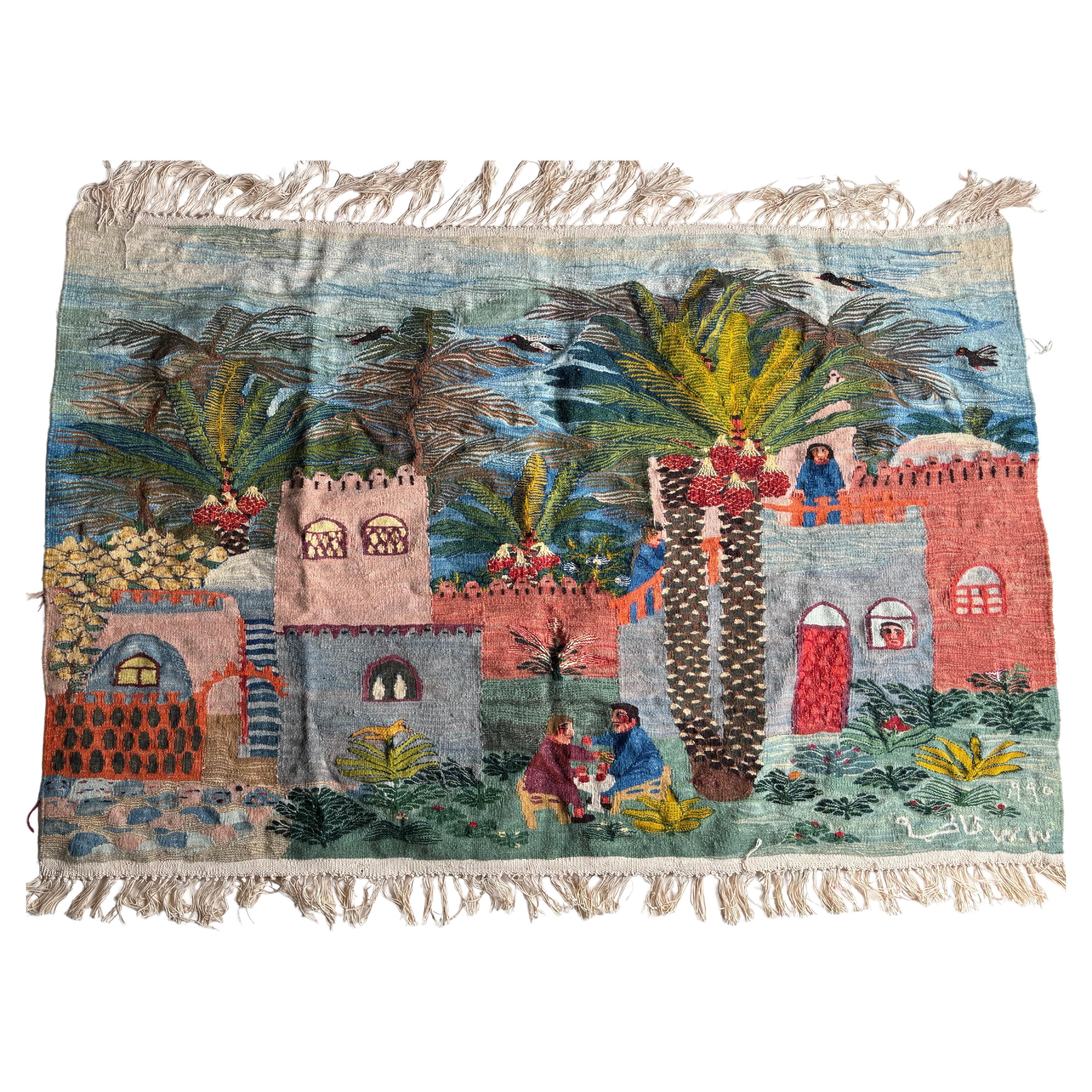 Ramses Wissa Wassef wool woven tapestry, shows Fatma Awad artist, Label
