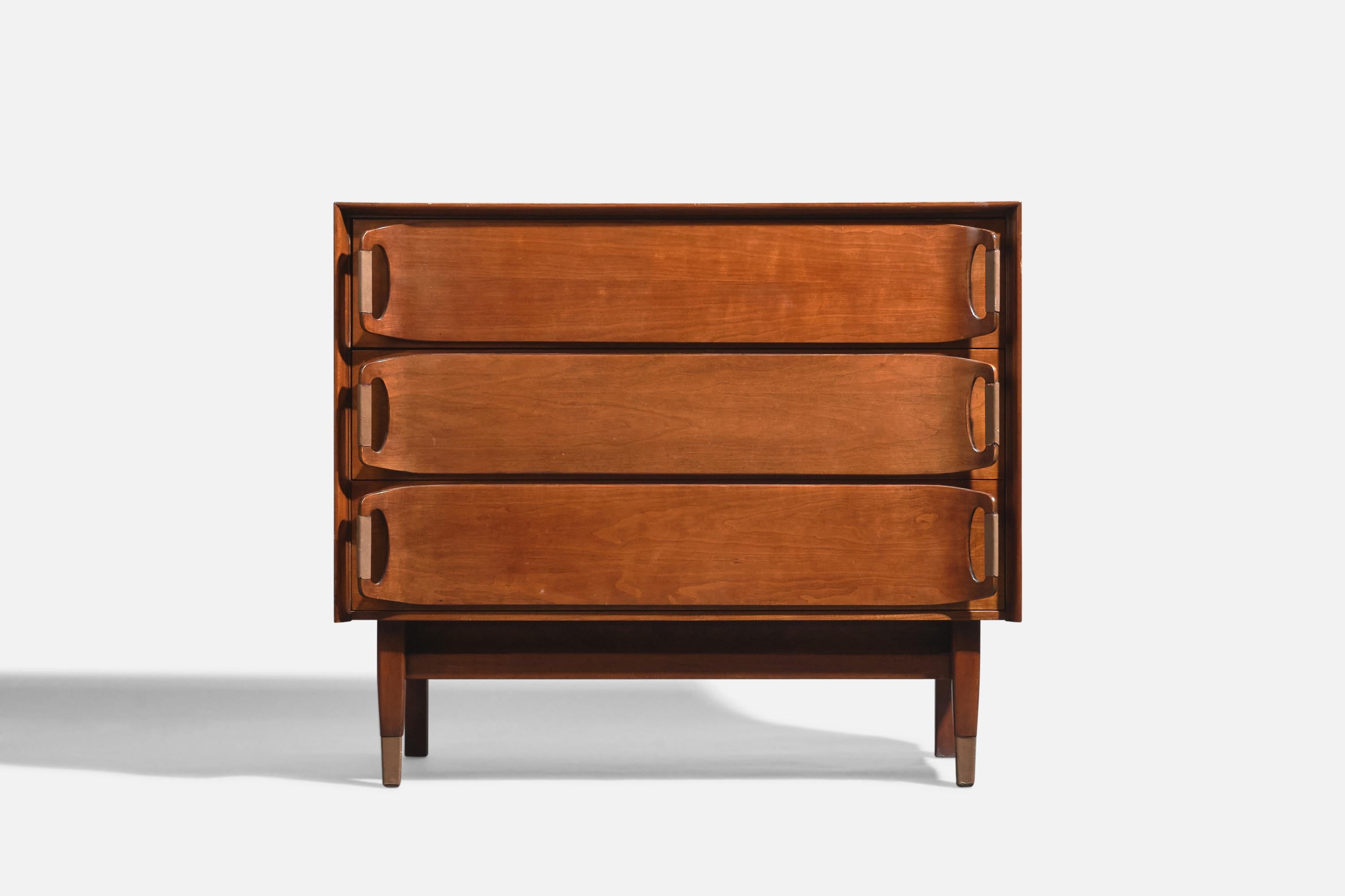 A pair of walnut, leather and brass dressers designed and produced by Ramseur Furniture Company, USA, 1970s.
