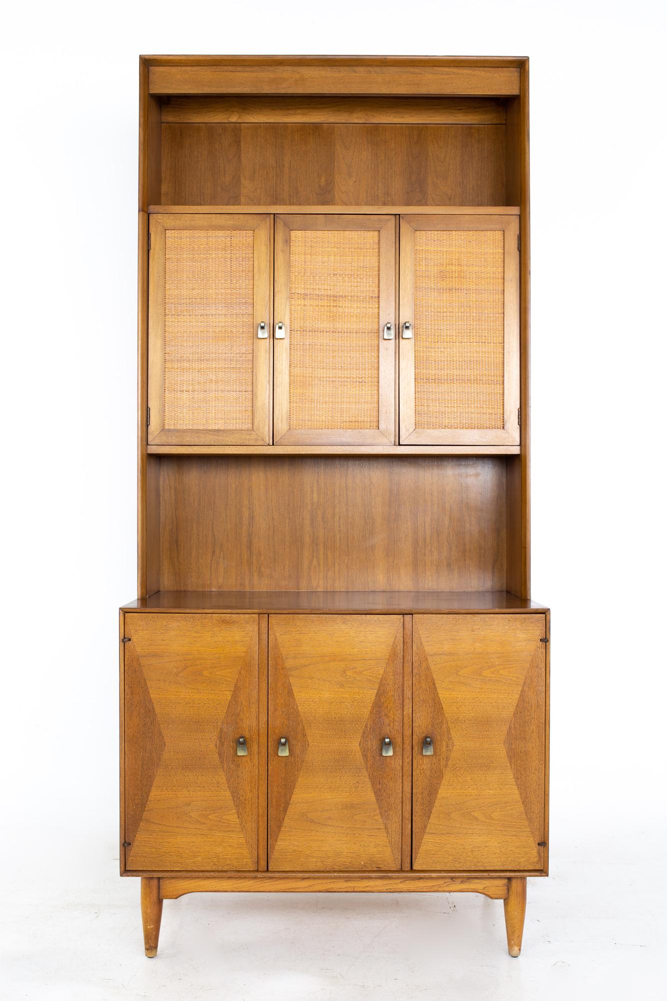 Ramseur furniture mid century walnut and rattan inlaid sideboard credenza buffet and hutch
Buffet with hutch measures: 36 wide x 19 deep x 80.5 inches high
Buffet without hutch measures: 36 wide x 19 deep x 30.25 inches high

All pieces of