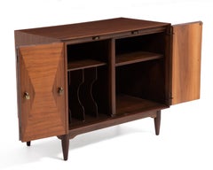 Ramseur Furniture Mid Century Walnut Brass Diamond Front Record Cabinet Credenza